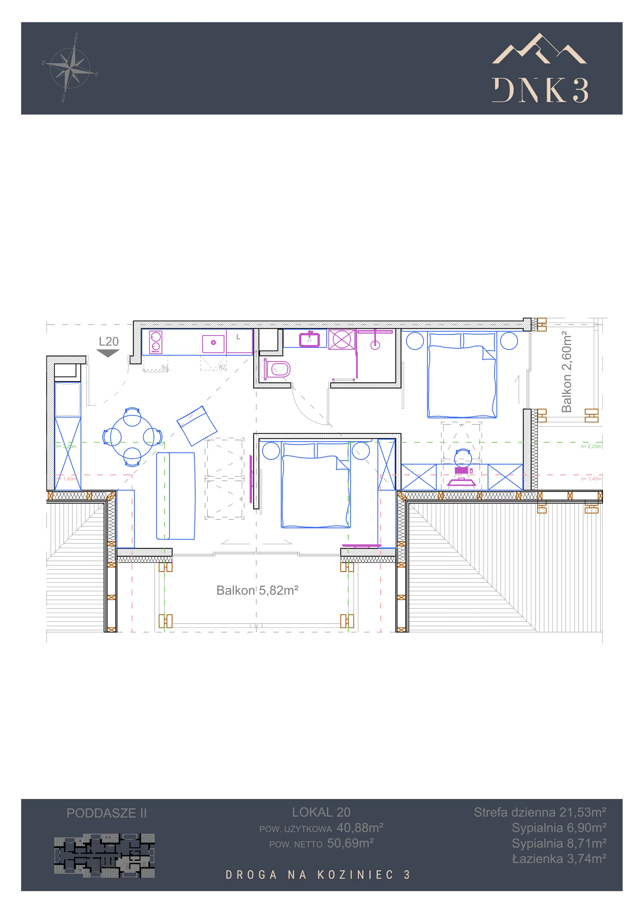 Apartament 50,69 m², piętro 2, oferta nr L20, Apartamenty DNK3, Zakopane, Koziniec, ul. Droga Na Koziniec 3