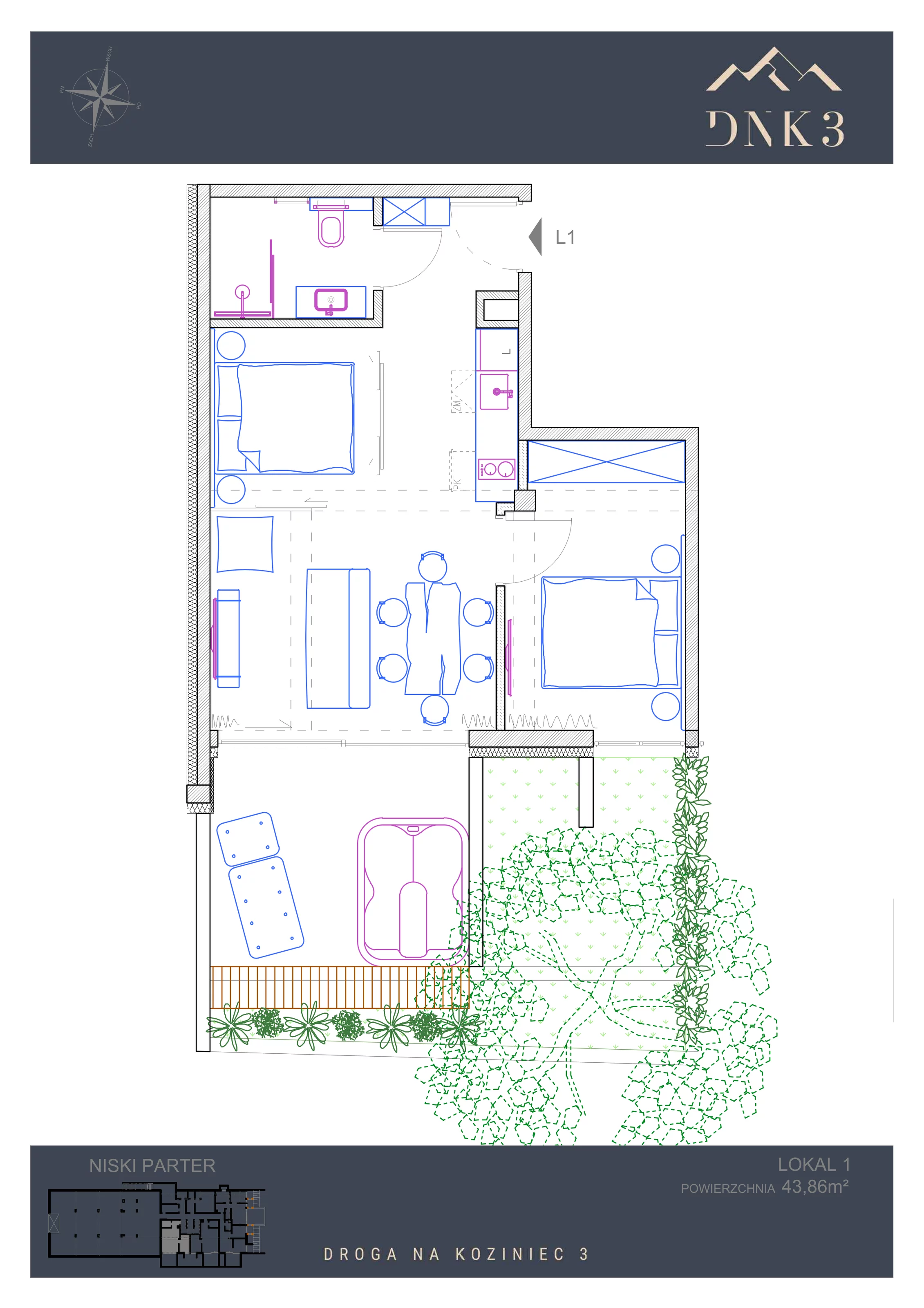 Apartament 43,86 m², parter, oferta nr L1, Apartamenty DNK3, Zakopane, Koziniec, ul. Droga Na Koziniec 3