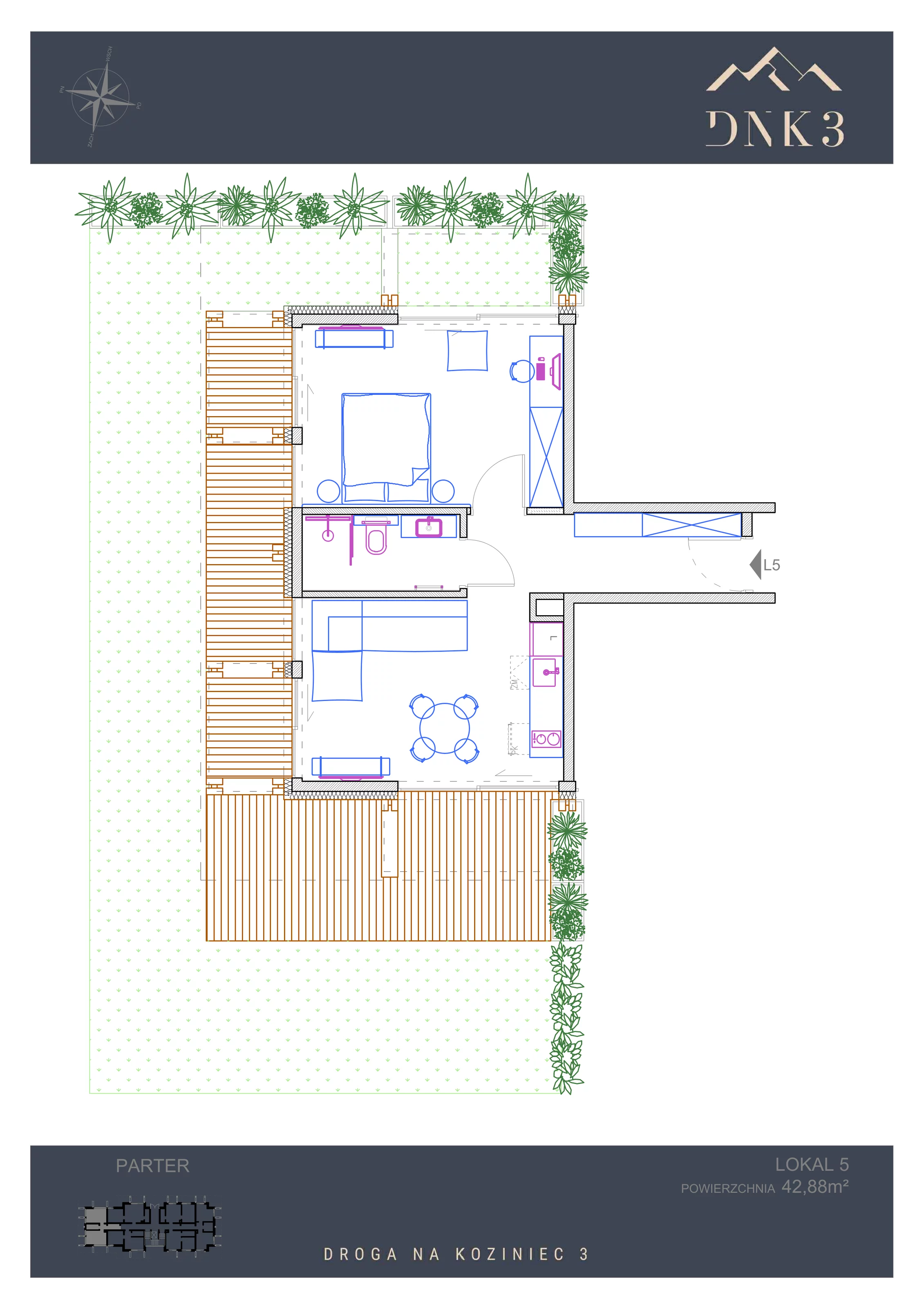 Apartament 42,88 m², parter, oferta nr L5, Apartamenty DNK3, Zakopane, Koziniec, ul. Droga Na Koziniec 3