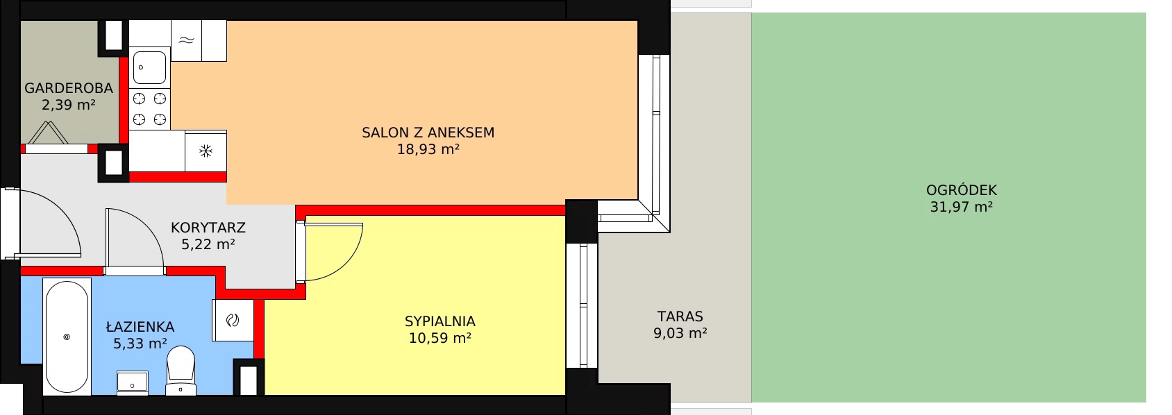 2 pokoje, mieszkanie 42,46 m², parter, oferta nr 2, Bednarska 4, Łódź, Górna, ul. Bednarska 4