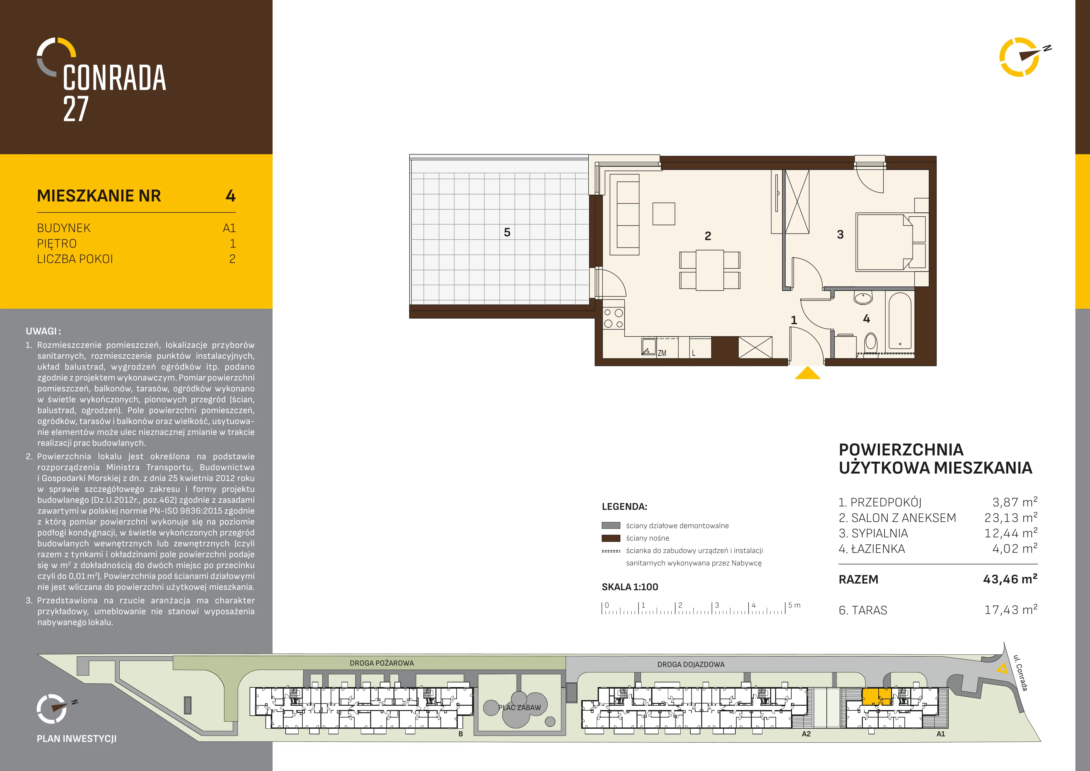 2 pokoje, mieszkanie 43,46 m², piętro 1, oferta nr 4, Conrada 27, Kraków, Prądnik Biały, Azory, ul. Conrada 27