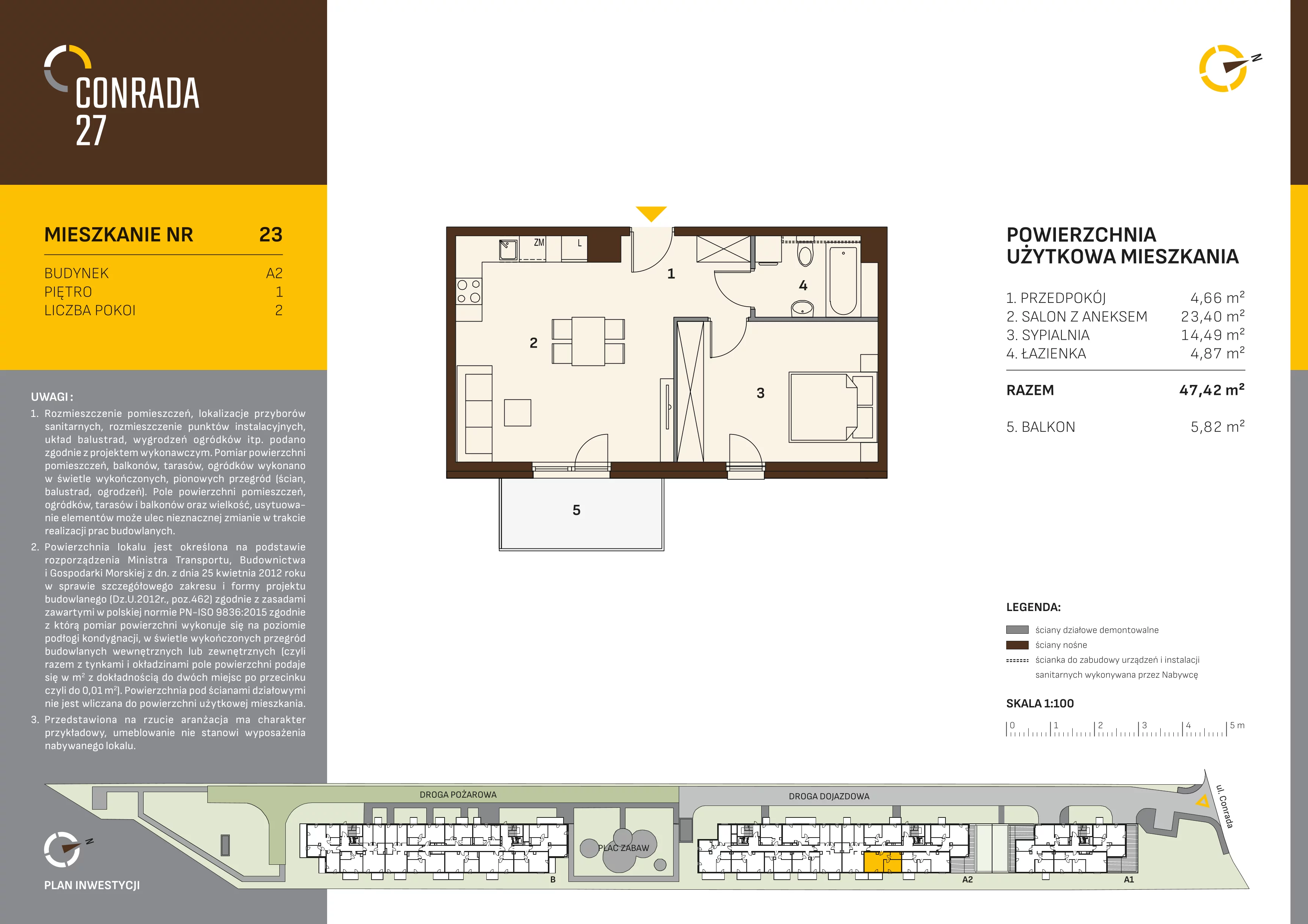 2 pokoje, mieszkanie 47,42 m², piętro 1, oferta nr 23, Conrada 27, Kraków, Prądnik Biały, Azory, ul. Conrada 27