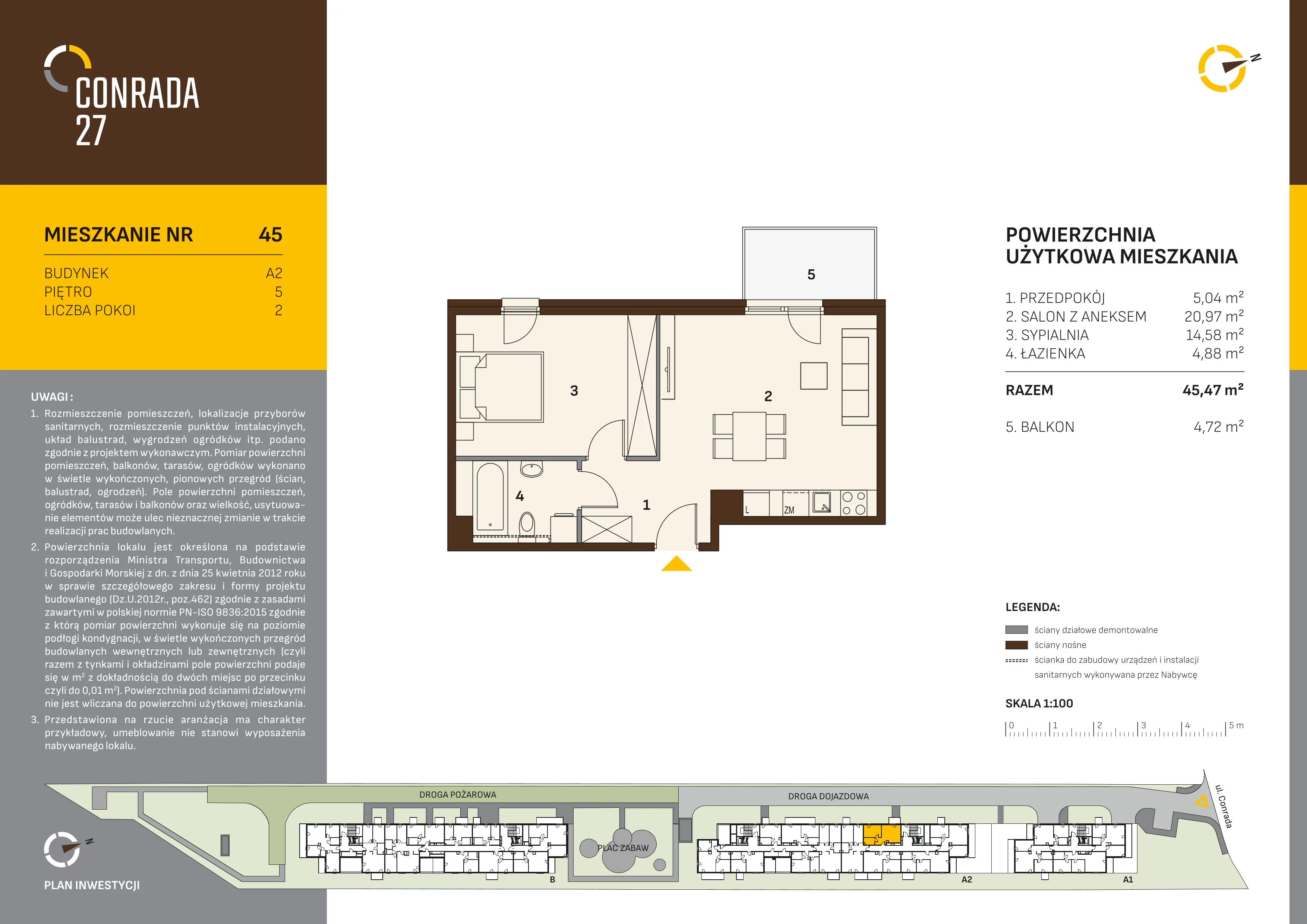 2 pokoje, mieszkanie 45,47 m², piętro 5, oferta nr 45, Conrada 27, Kraków, Prądnik Biały, Azory, ul. Conrada 27