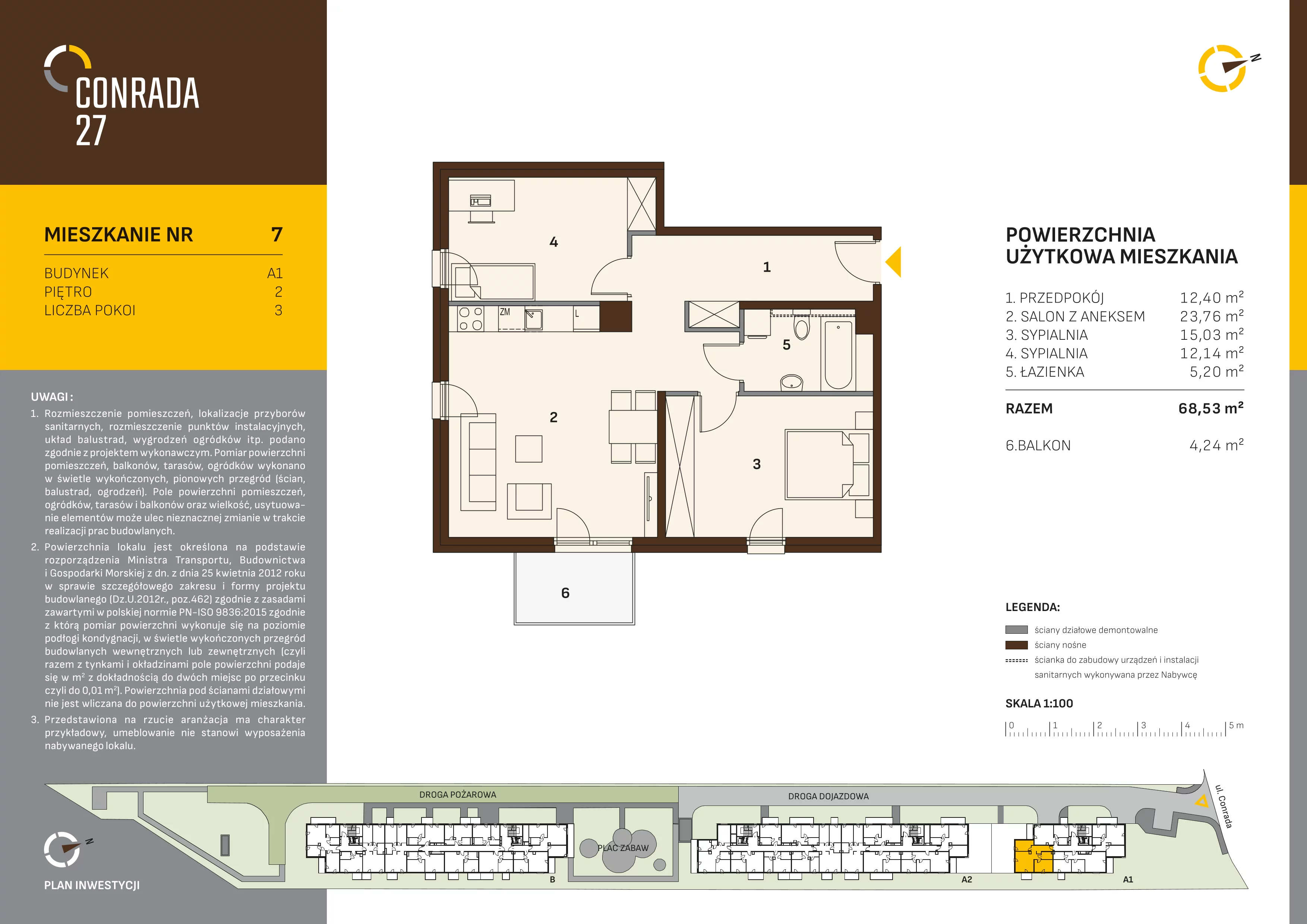3 pokoje, mieszkanie 68,53 m², piętro 2, oferta nr 7, Conrada 27, Kraków, Prądnik Biały, Azory, ul. Conrada 27