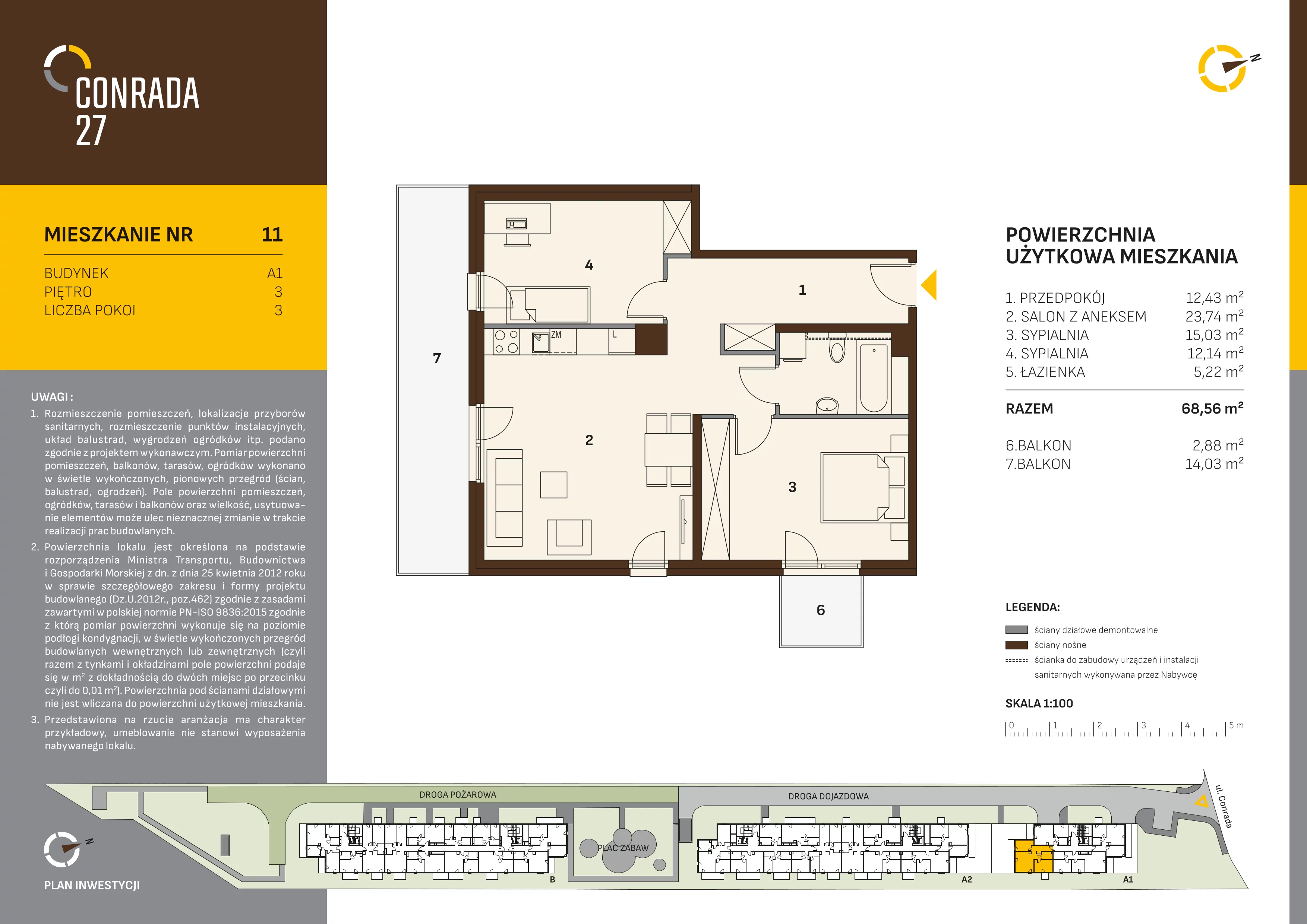 3 pokoje, mieszkanie 68,56 m², piętro 3, oferta nr 11, Conrada 27, Kraków, Prądnik Biały, Azory, ul. Conrada 27