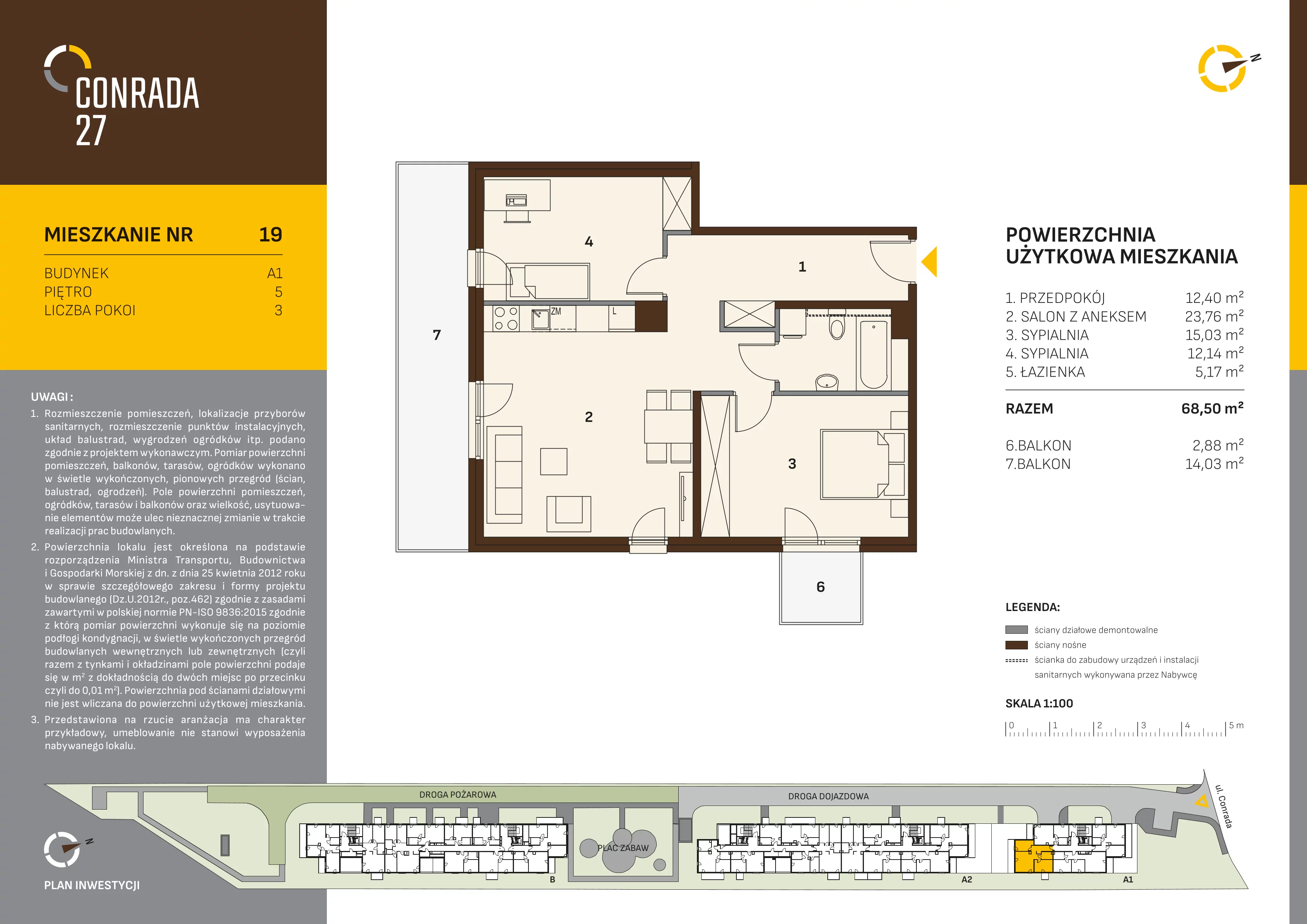 3 pokoje, mieszkanie 68,50 m², piętro 5, oferta nr 19, Conrada 27, Kraków, Prądnik Biały, Azory, ul. Conrada 27