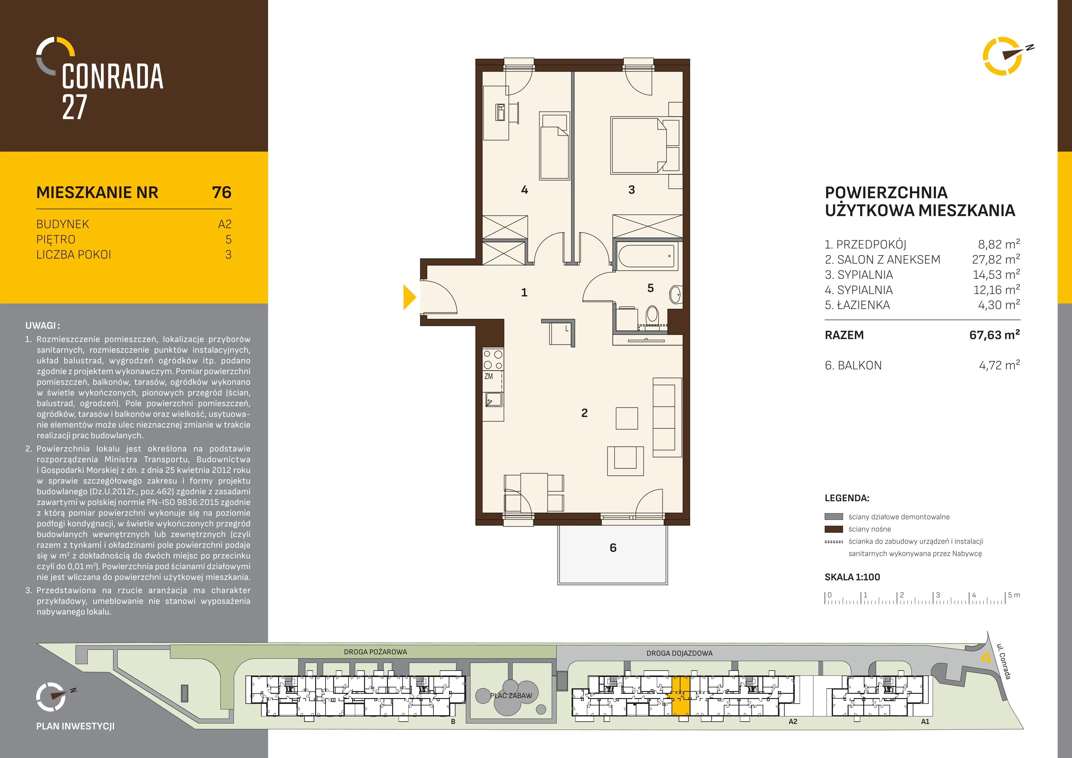 3 pokoje, mieszkanie 67,63 m², piętro 5, oferta nr 76, Conrada 27, Kraków, Prądnik Biały, Azory, ul. Conrada 27