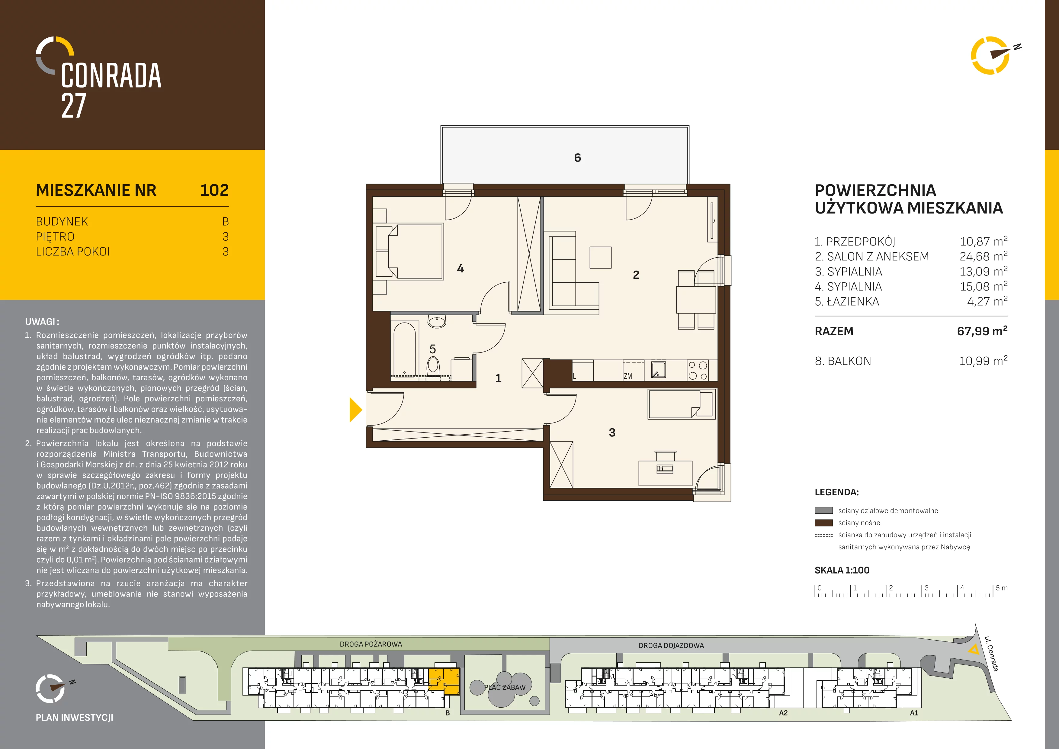 3 pokoje, mieszkanie 67,99 m², piętro 3, oferta nr 102, Conrada 27, Kraków, Prądnik Biały, Azory, ul. Conrada 27