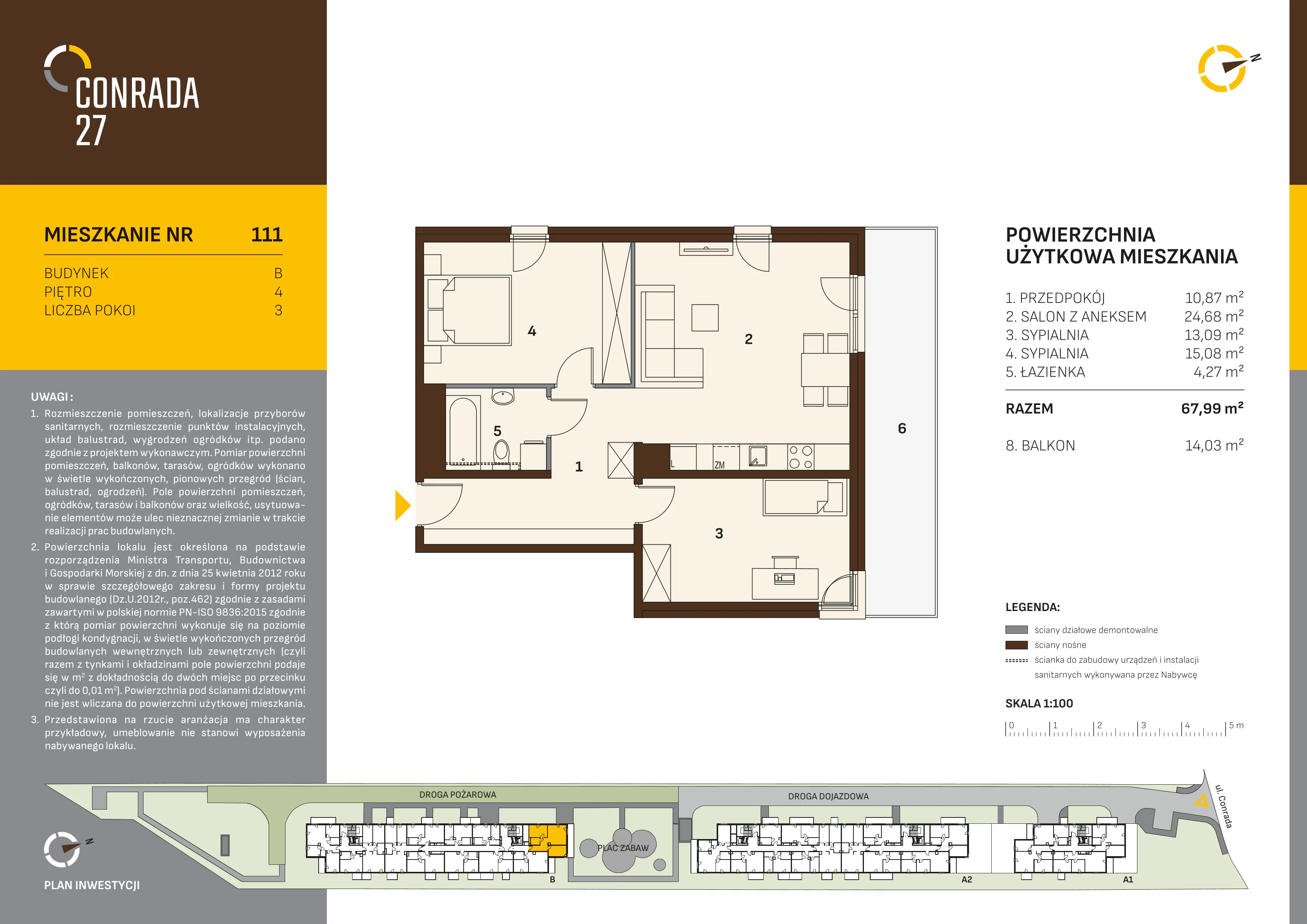 3 pokoje, mieszkanie 67,99 m², piętro 4, oferta nr 111, Conrada 27, Kraków, Prądnik Biały, Azory, ul. Conrada 27