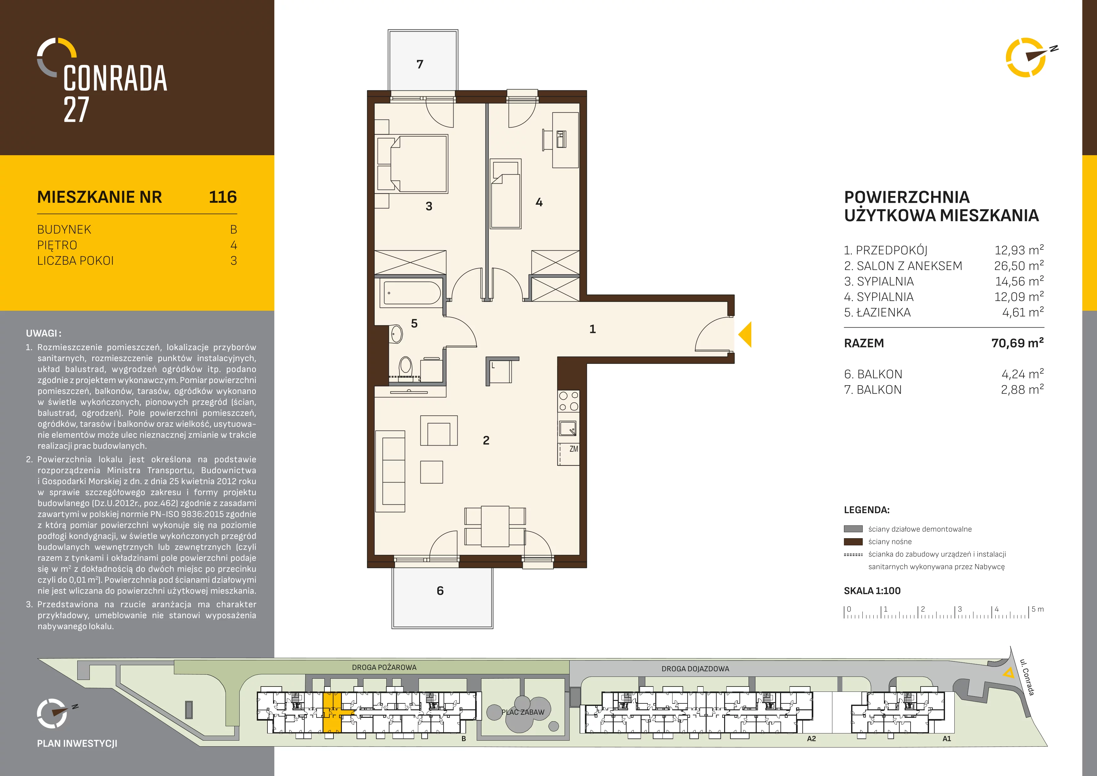 3 pokoje, mieszkanie 70,69 m², piętro 4, oferta nr 116, Conrada 27, Kraków, Prądnik Biały, Azory, ul. Conrada 27