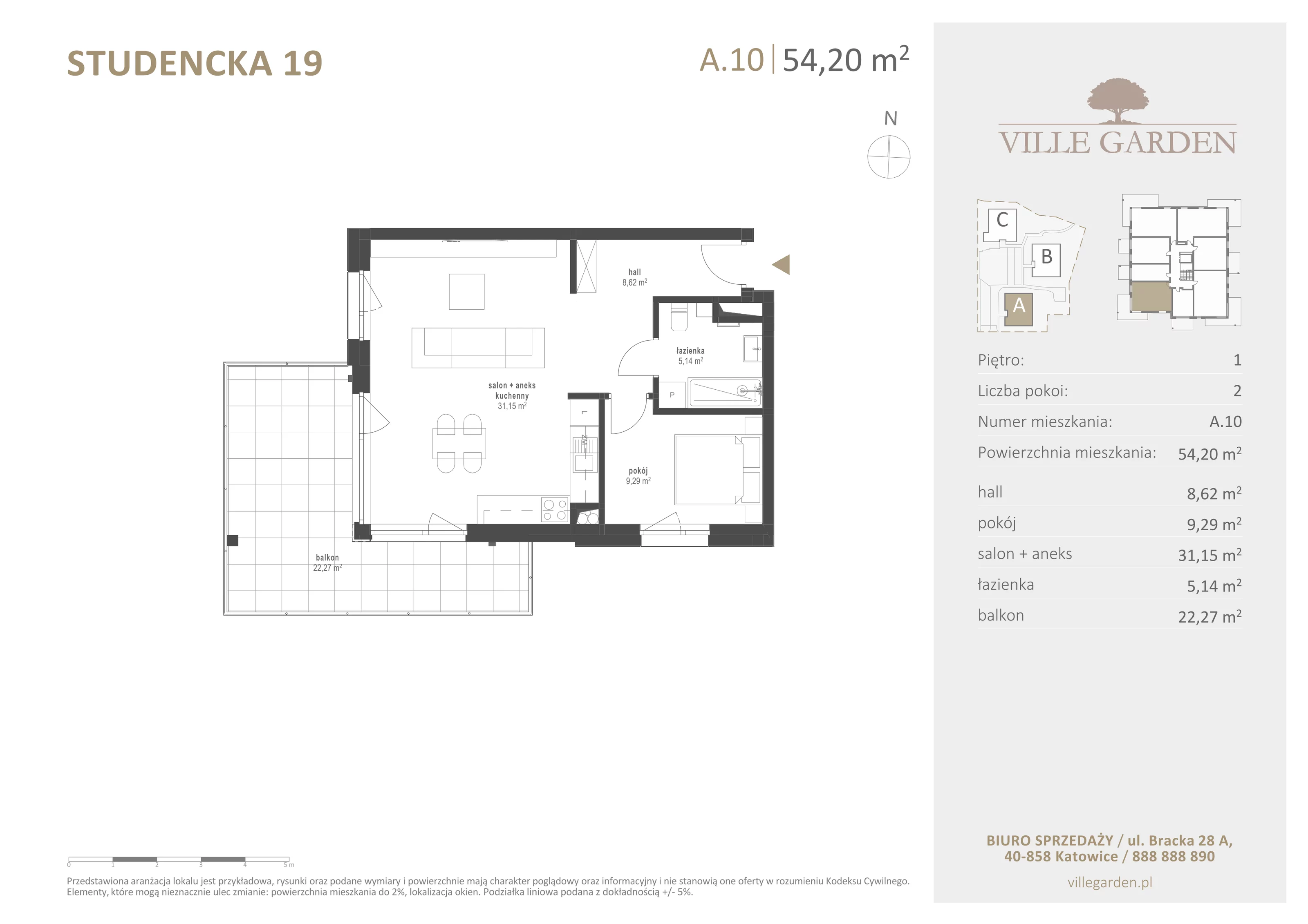2 pokoje, apartament 54,20 m², piętro 1, oferta nr A10, Ville Garden, Katowice, Ligota-Panewniki, ul. Studencka 19
