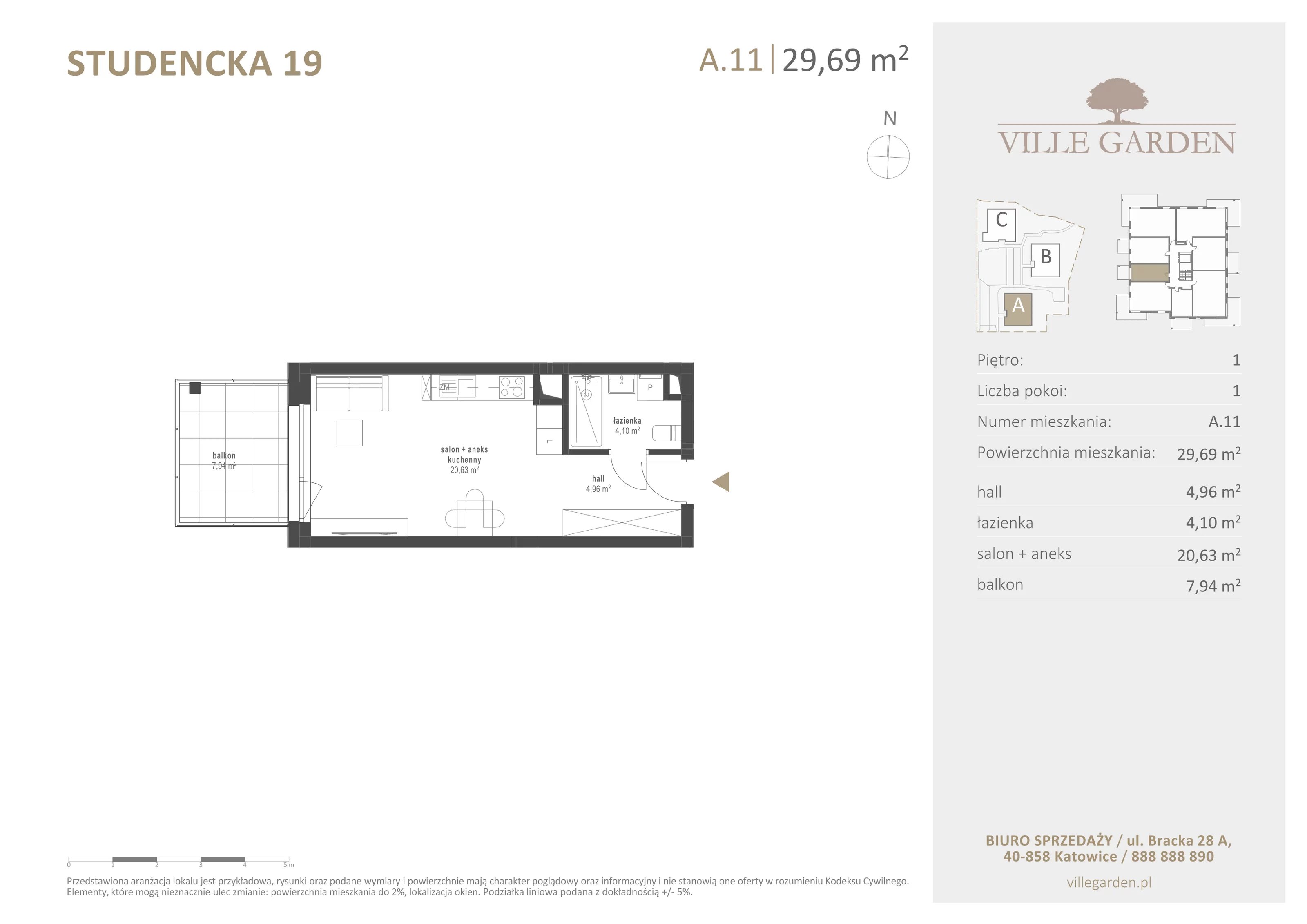 1 pokój, apartament 29,69 m², piętro 1, oferta nr A11, Ville Garden, Katowice, Ligota-Panewniki, ul. Studencka 19