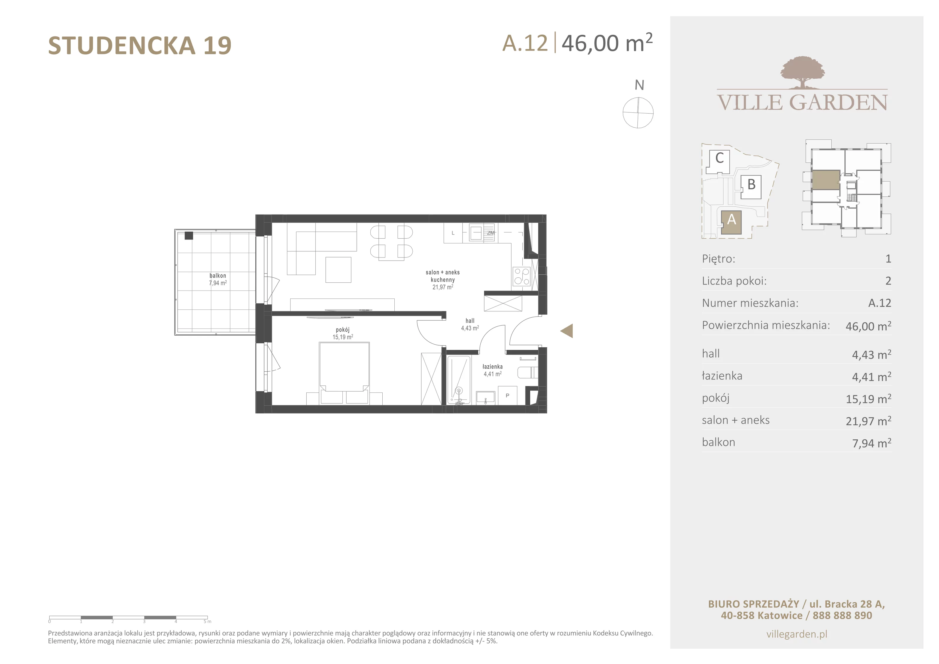 2 pokoje, apartament 46,03 m², piętro 1, oferta nr A12, Ville Garden, Katowice, Ligota-Panewniki, ul. Studencka 19