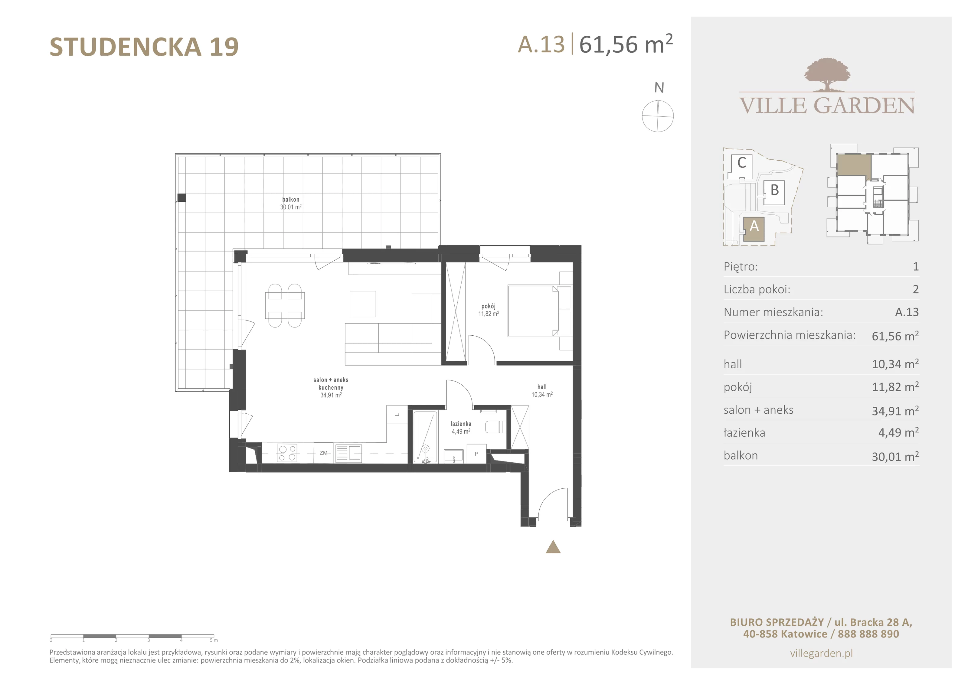 2 pokoje, apartament 61,56 m², piętro 1, oferta nr A13, Ville Garden, Katowice, Ligota-Panewniki, ul. Studencka 19