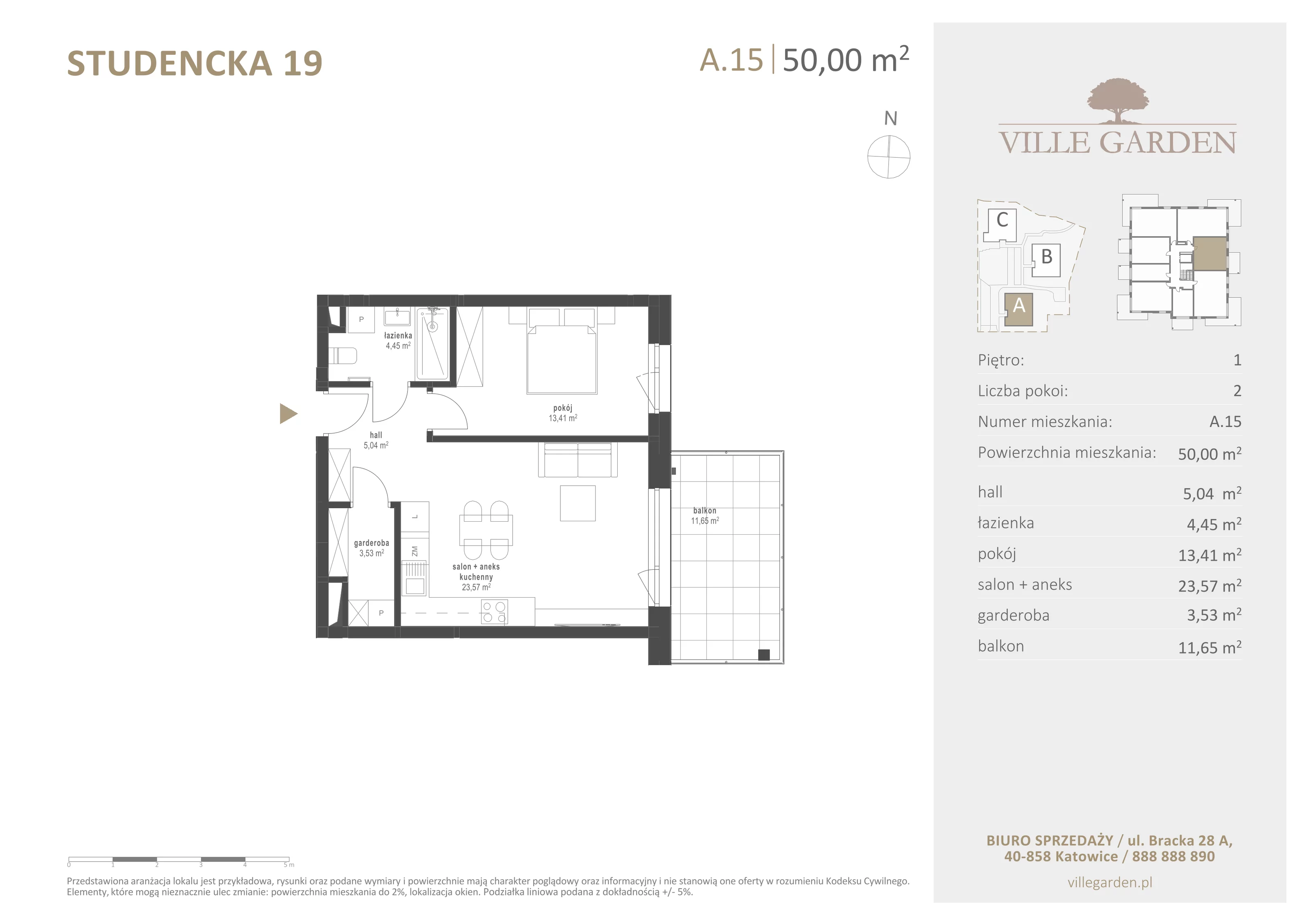 2 pokoje, apartament 49,97 m², piętro 1, oferta nr A15, Ville Garden, Katowice, Ligota-Panewniki, ul. Studencka 19