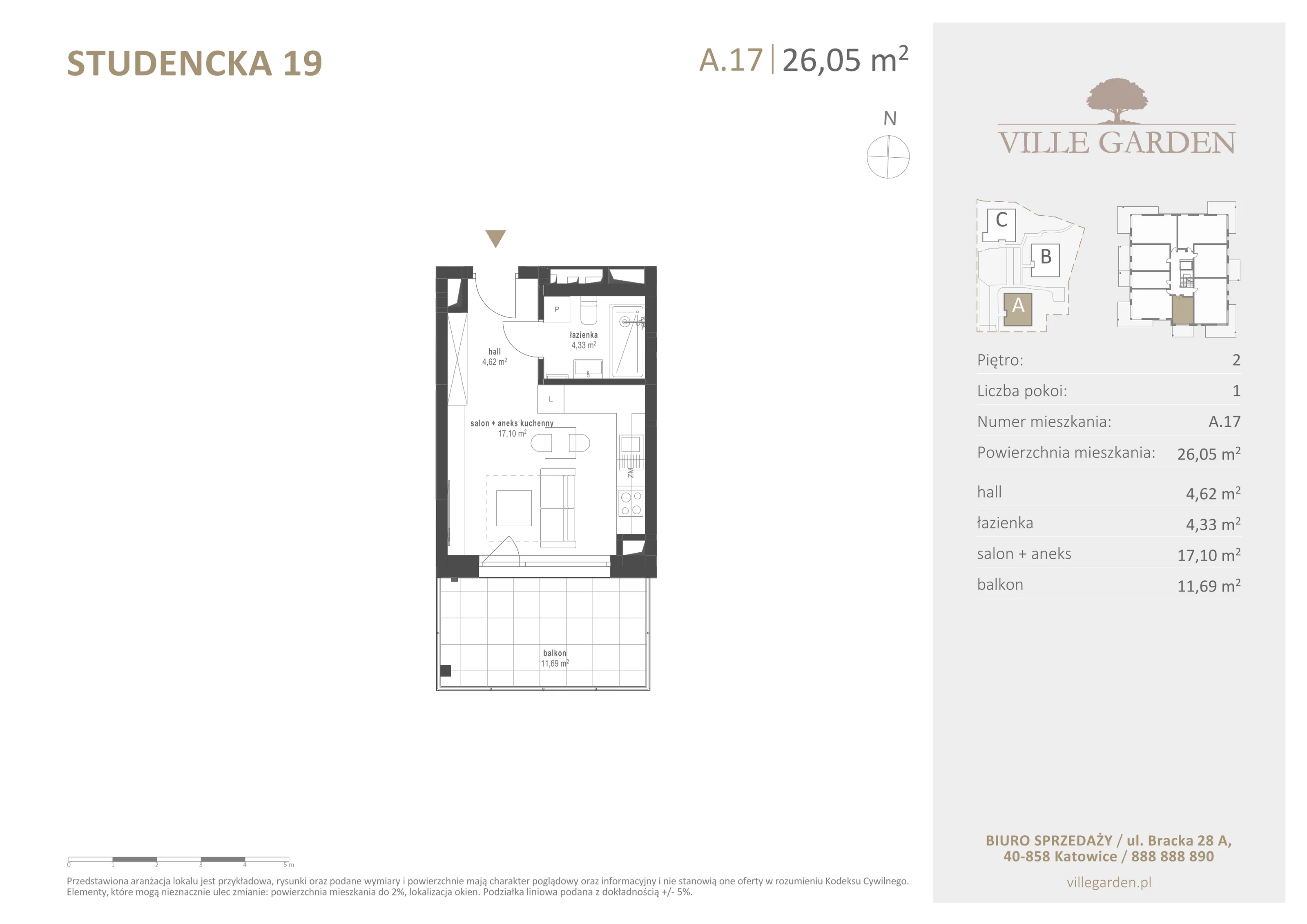 1 pokój, apartament 26,05 m², piętro 2, oferta nr A17, Ville Garden, Katowice, Ligota-Panewniki, ul. Studencka 19