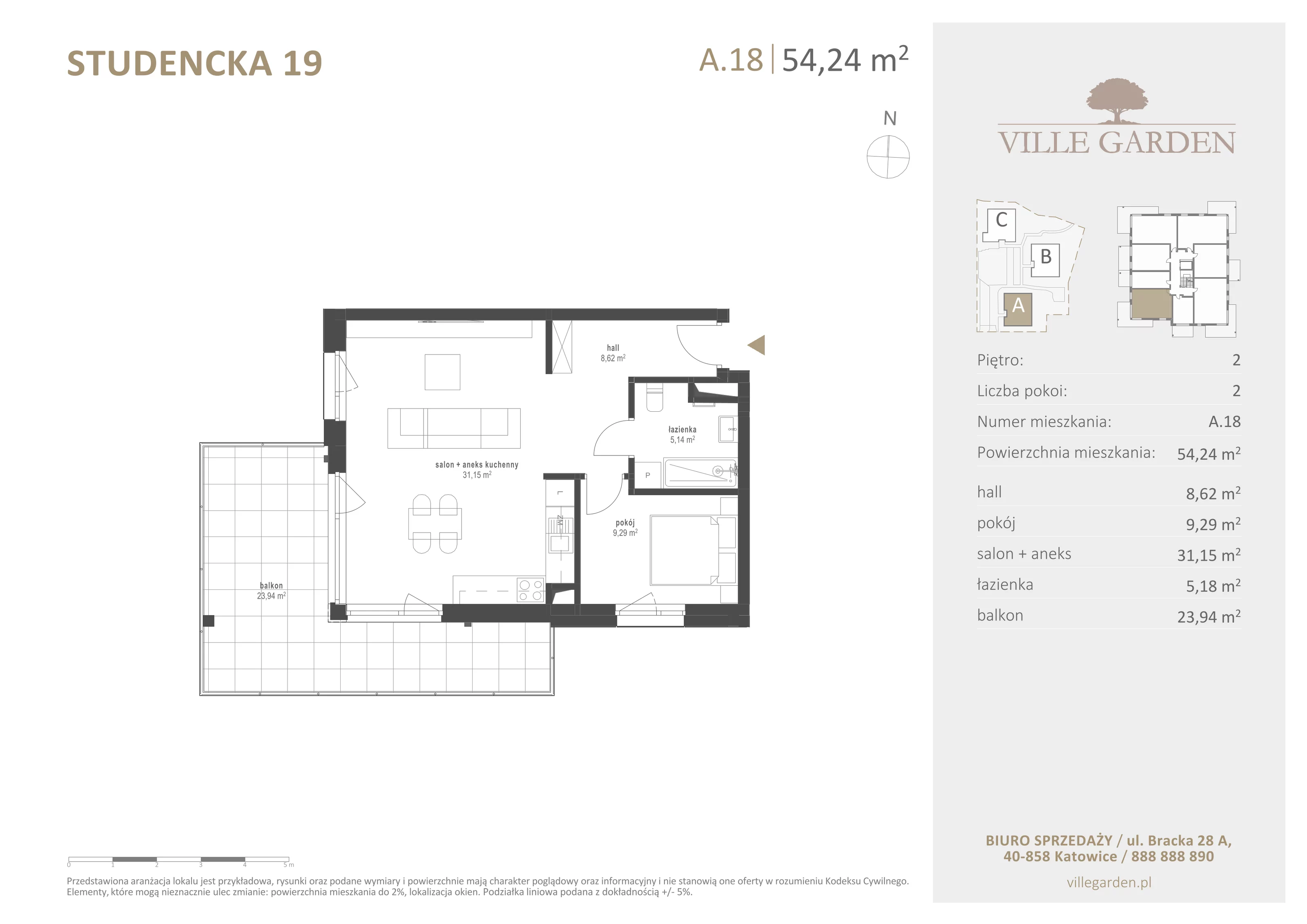 2 pokoje, apartament 54,20 m², piętro 2, oferta nr A18, Ville Garden, Katowice, Ligota-Panewniki, ul. Studencka 19