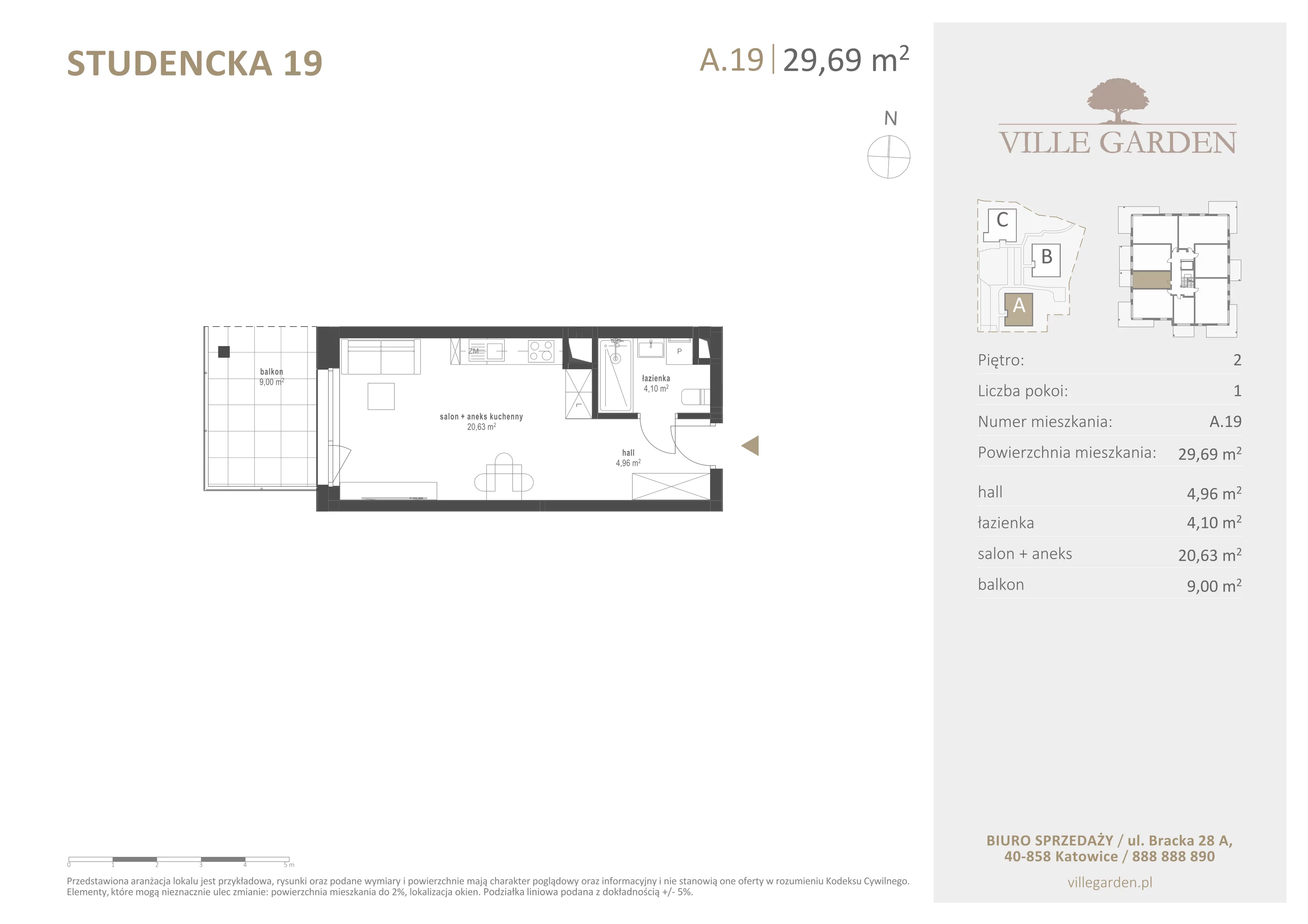 1 pokój, apartament 29,69 m², piętro 2, oferta nr A19, Ville Garden, Katowice, Ligota-Panewniki, ul. Studencka 19
