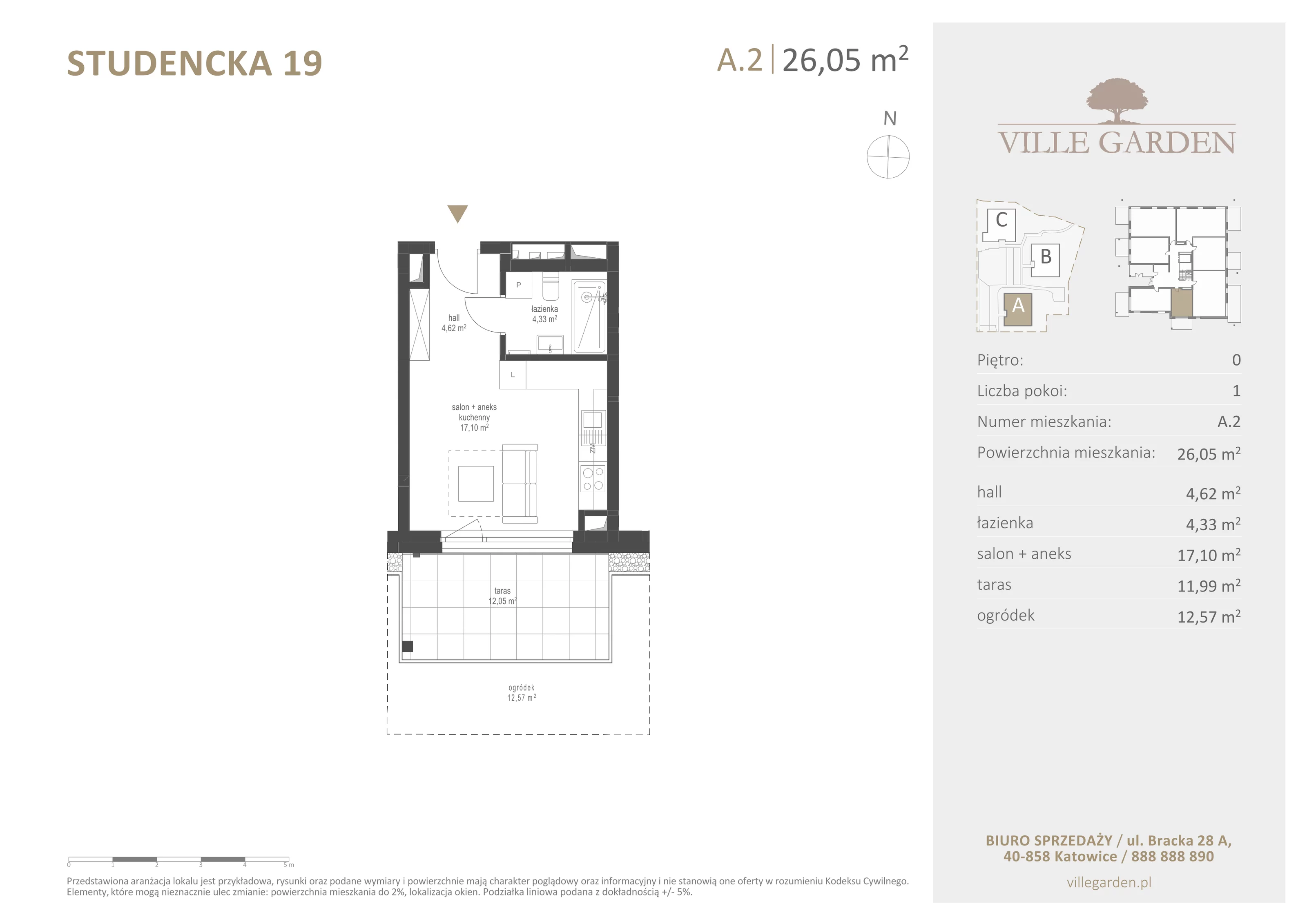 1 pokój, apartament 26,05 m², parter, oferta nr A2, Ville Garden, Katowice, Ligota-Panewniki, ul. Studencka 19