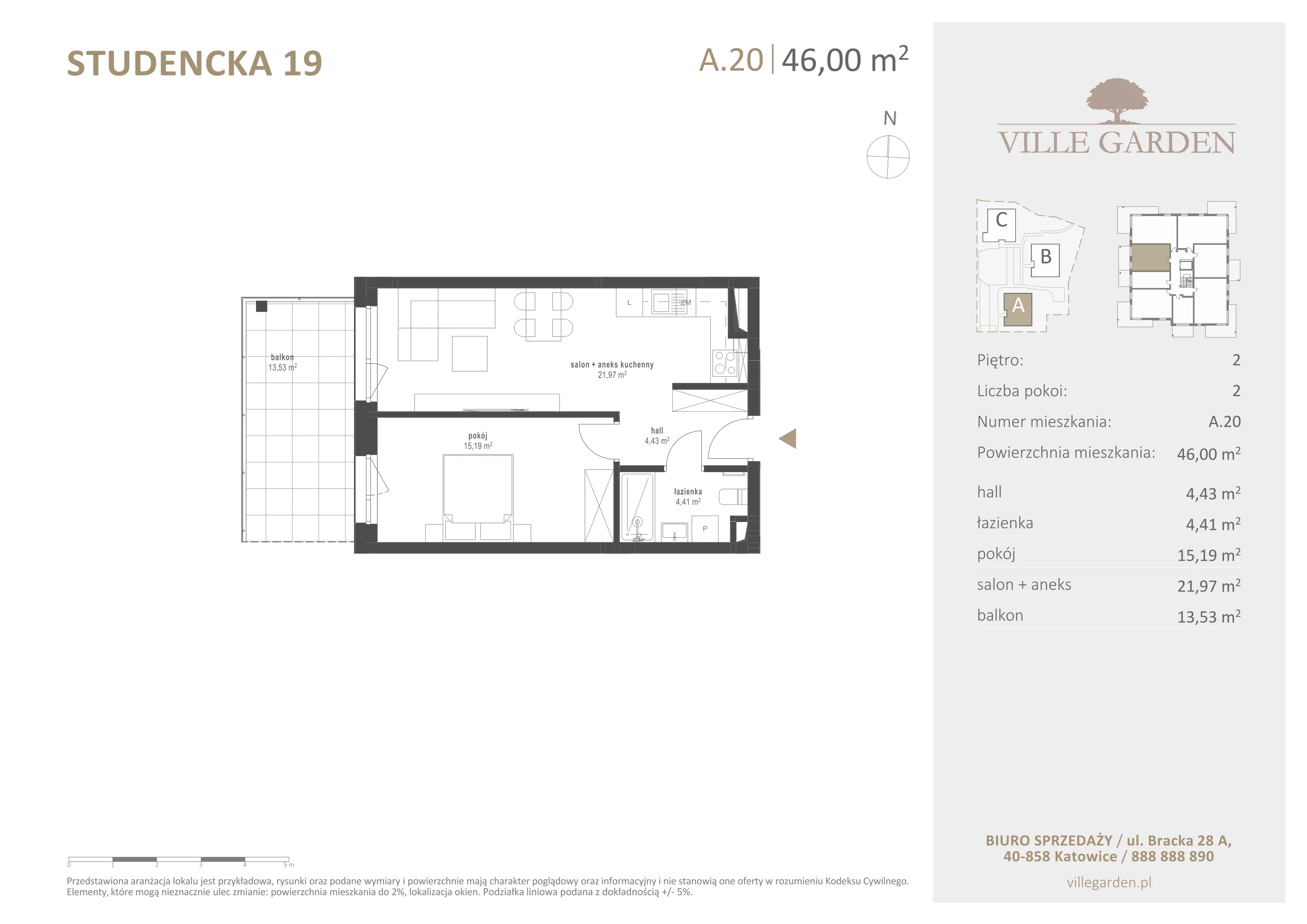 2 pokoje, apartament 46,03 m², piętro 2, oferta nr A20, Ville Garden, Katowice, Ligota-Panewniki, ul. Studencka 19