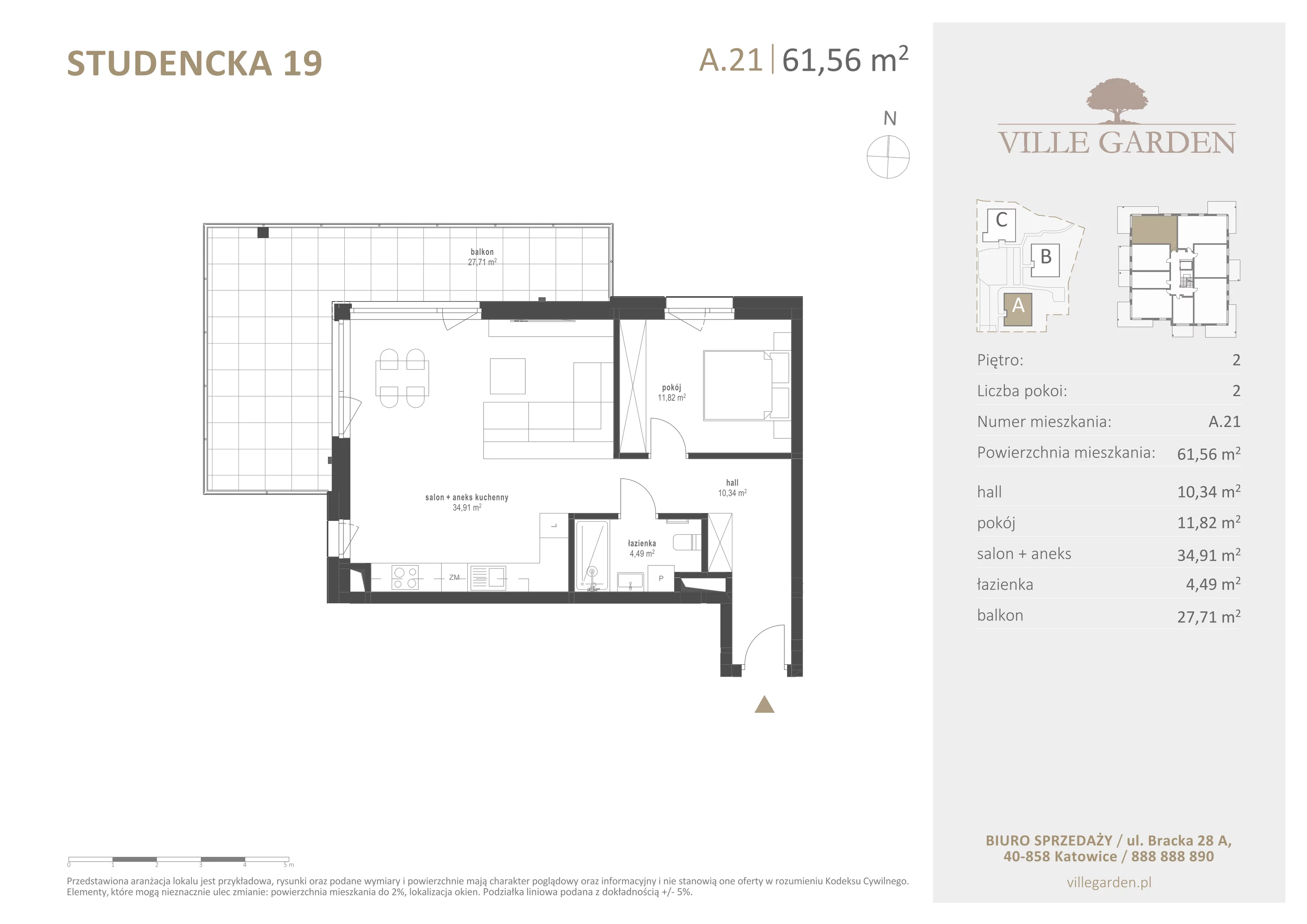 2 pokoje, apartament 61,56 m², piętro 2, oferta nr A21, Ville Garden, Katowice, Ligota-Panewniki, ul. Studencka 19