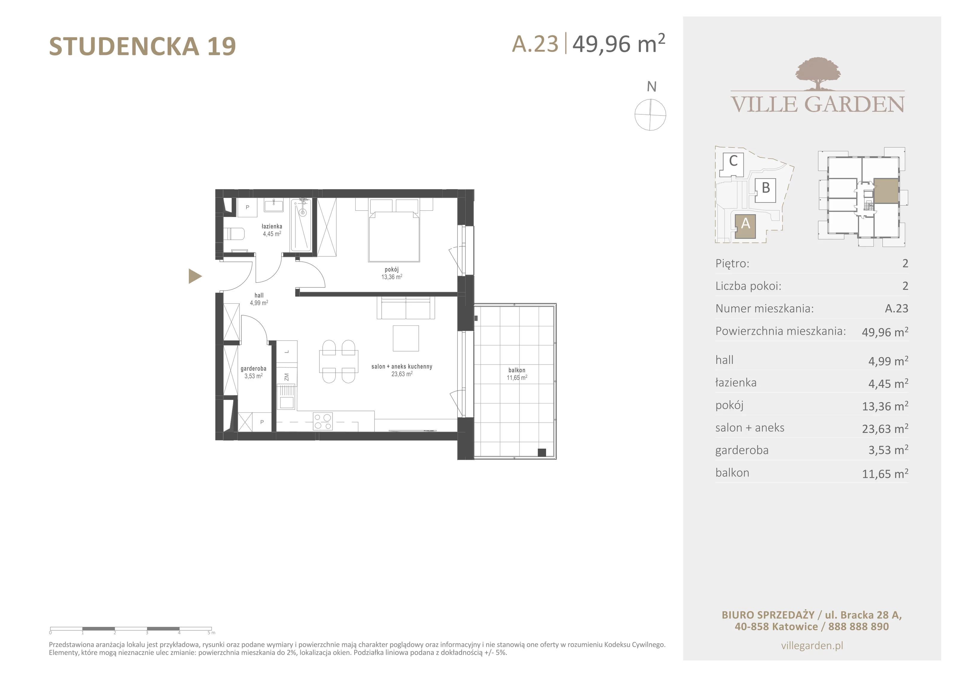 2 pokoje, apartament 49,97 m², piętro 2, oferta nr A23, Ville Garden, Katowice, Ligota-Panewniki, ul. Studencka 19