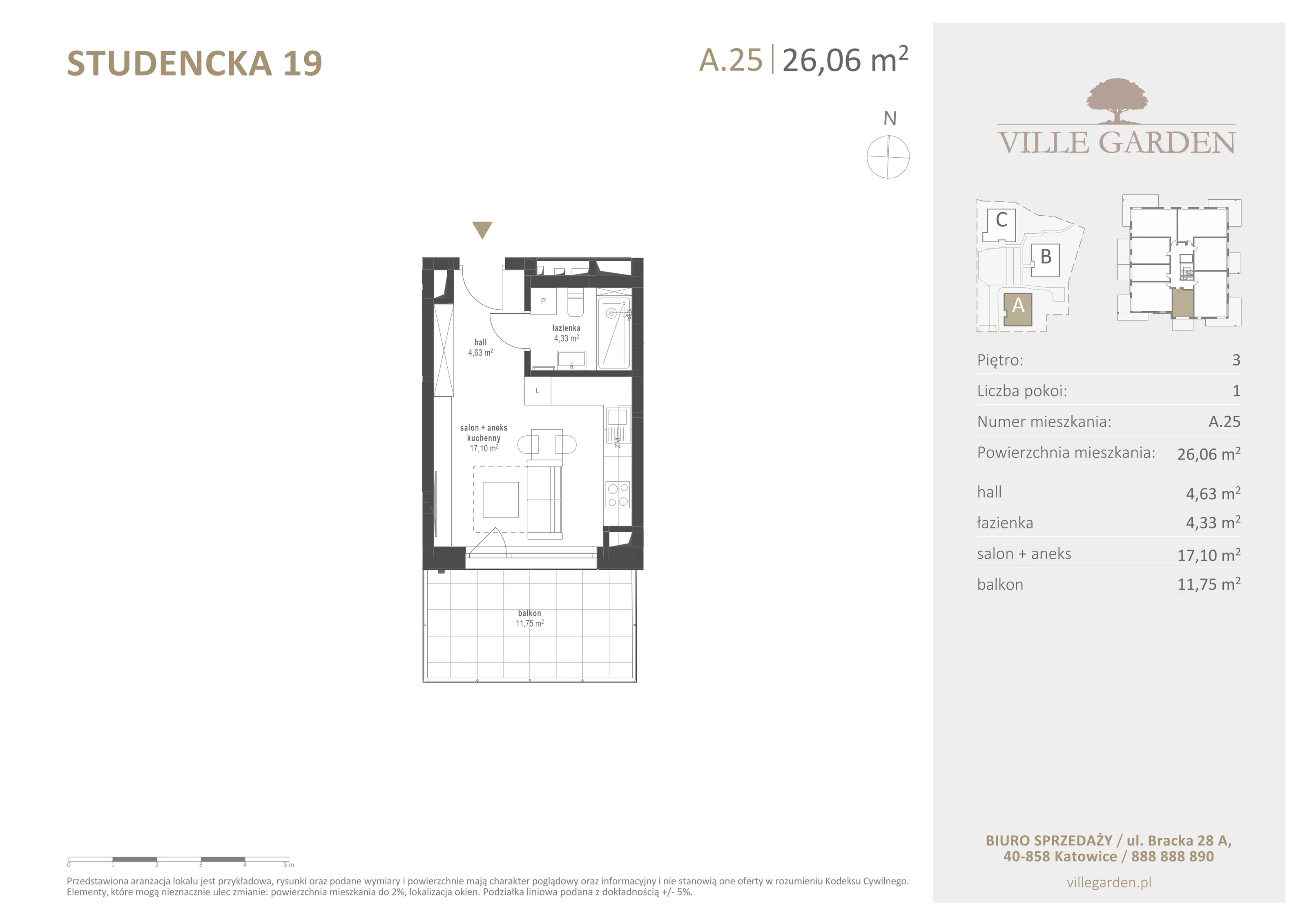 1 pokój, apartament 26,06 m², piętro 3, oferta nr A25, Ville Garden, Katowice, Ligota-Panewniki, ul. Studencka 19