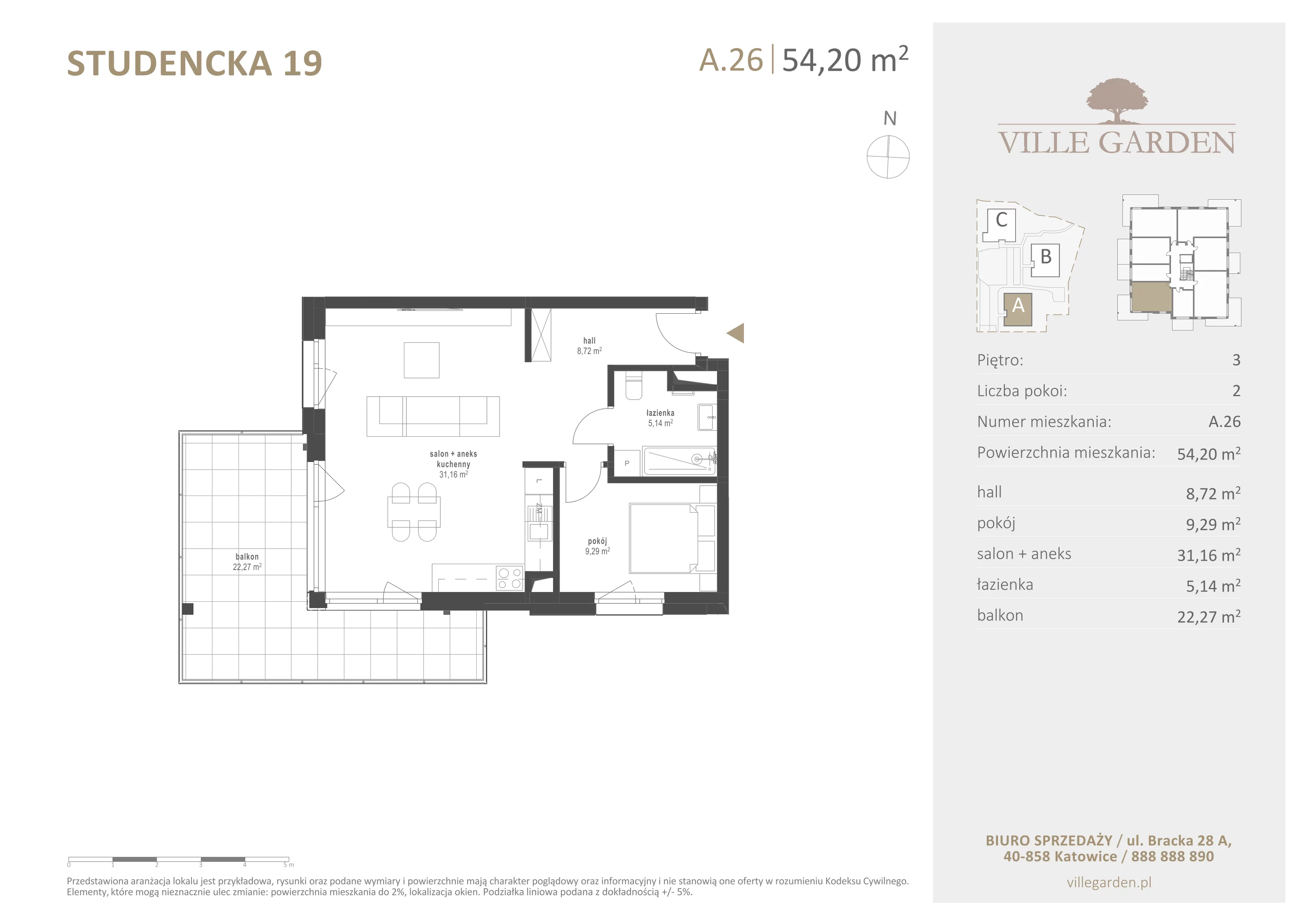2 pokoje, apartament 54,20 m², piętro 3, oferta nr A26, Ville Garden, Katowice, Ligota-Panewniki, ul. Studencka 19