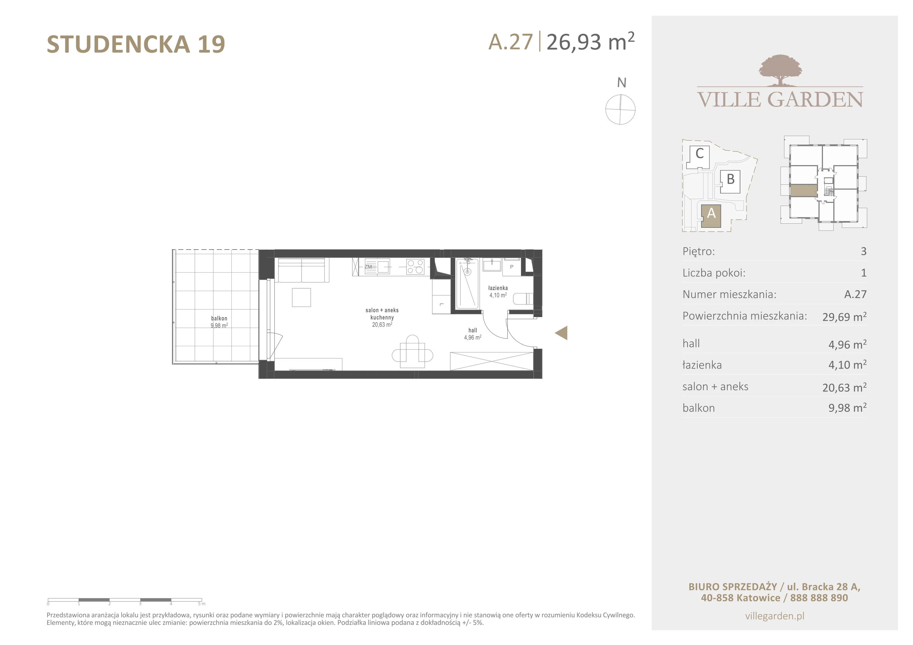 1 pokój, apartament 29,69 m², piętro 3, oferta nr A27, Ville Garden, Katowice, Ligota-Panewniki, ul. Studencka 19