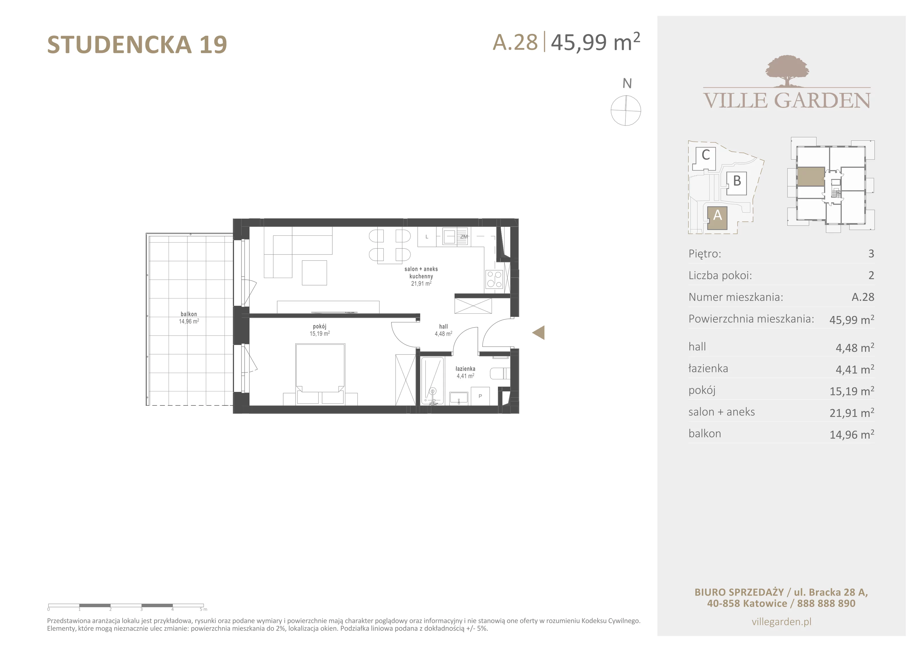 2 pokoje, apartament 46,03 m², piętro 3, oferta nr A28, Ville Garden, Katowice, Ligota-Panewniki, ul. Studencka 19