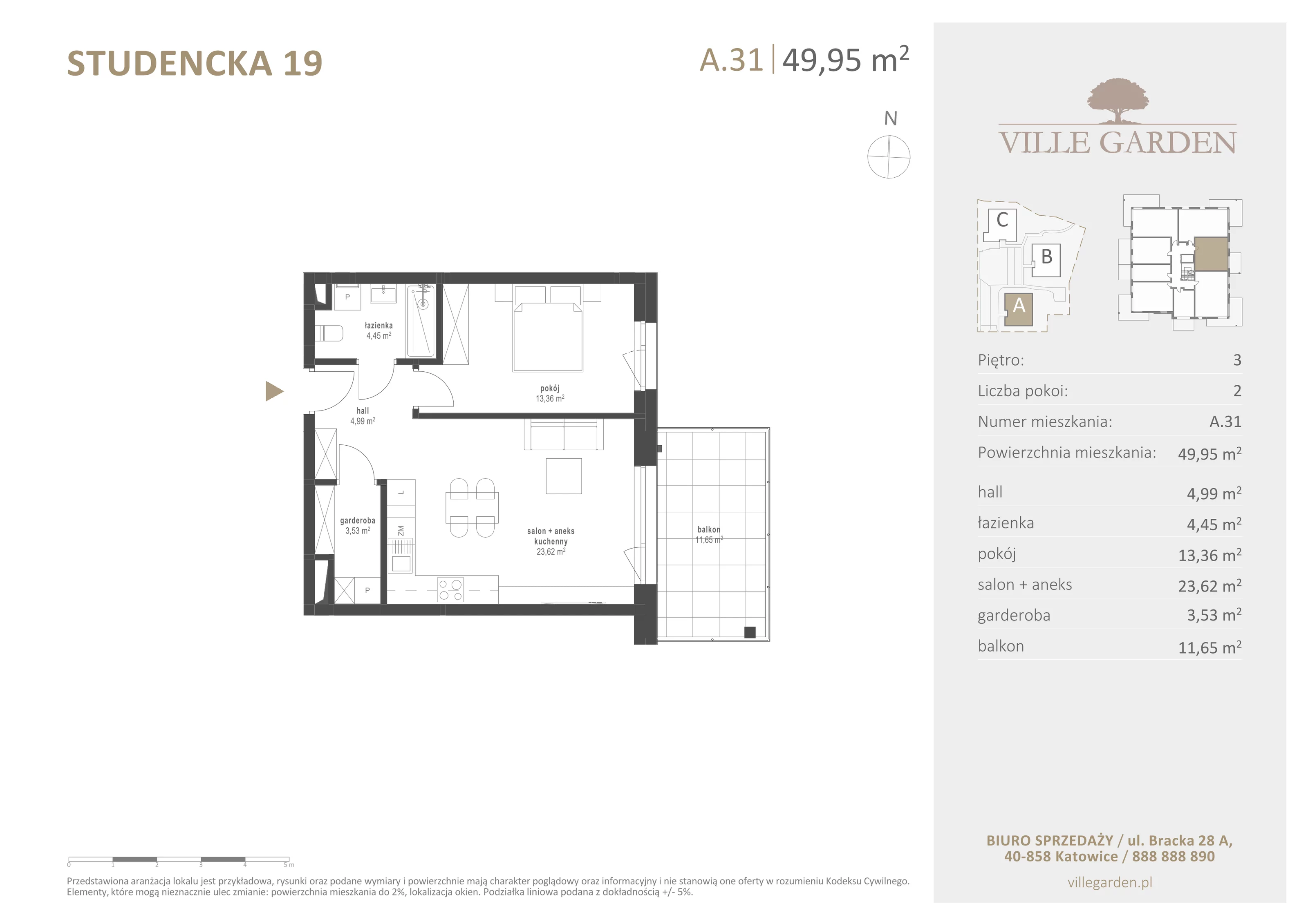 2 pokoje, apartament 49,97 m², piętro 3, oferta nr A31, Ville Garden, Katowice, Ligota-Panewniki, ul. Studencka 19