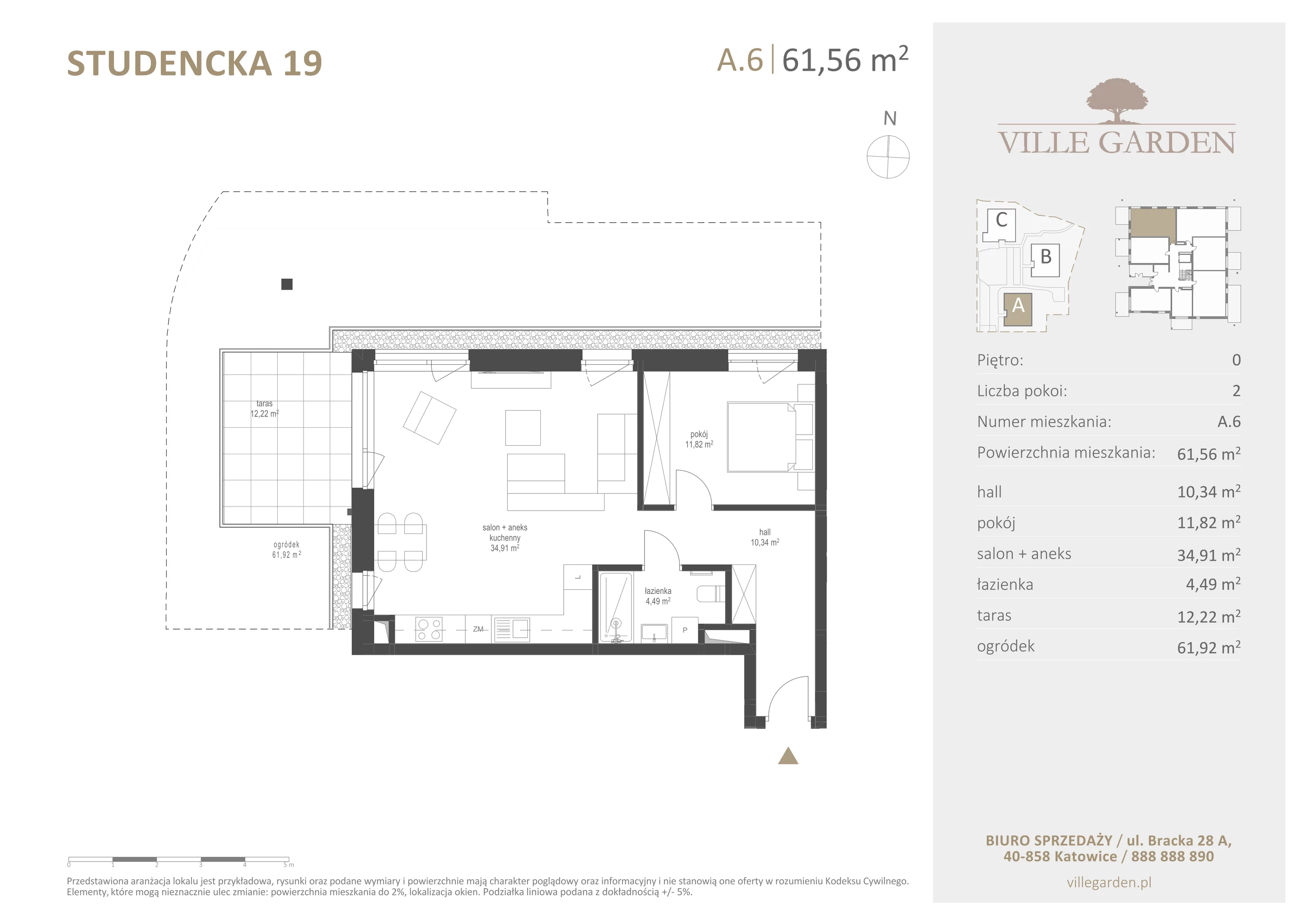 2 pokoje, apartament 61,56 m², parter, oferta nr A6, Ville Garden, Katowice, Ligota-Panewniki, ul. Studencka 19