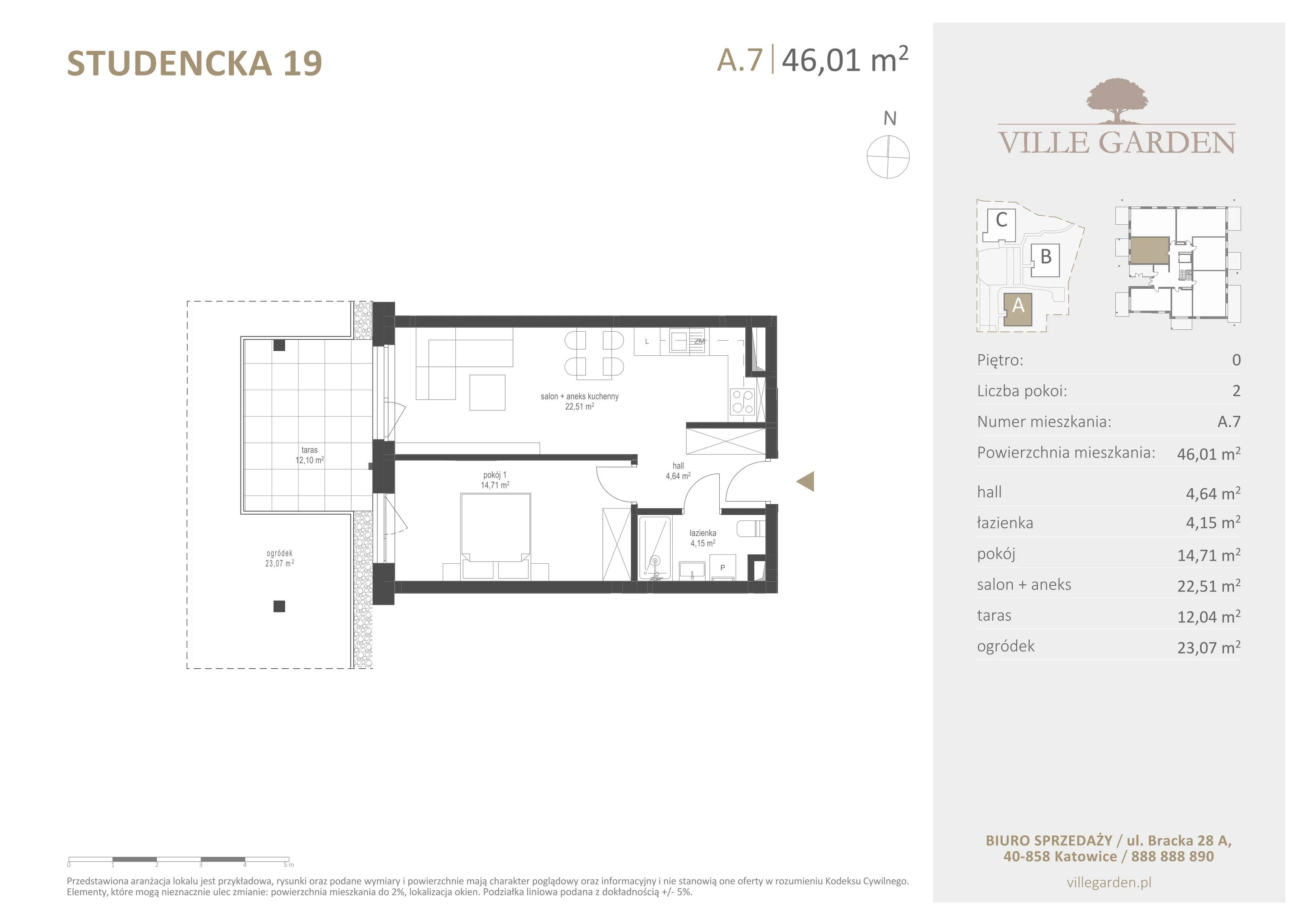2 pokoje, apartament 46,03 m², parter, oferta nr A7, Ville Garden, Katowice, Ligota-Panewniki, ul. Studencka 19