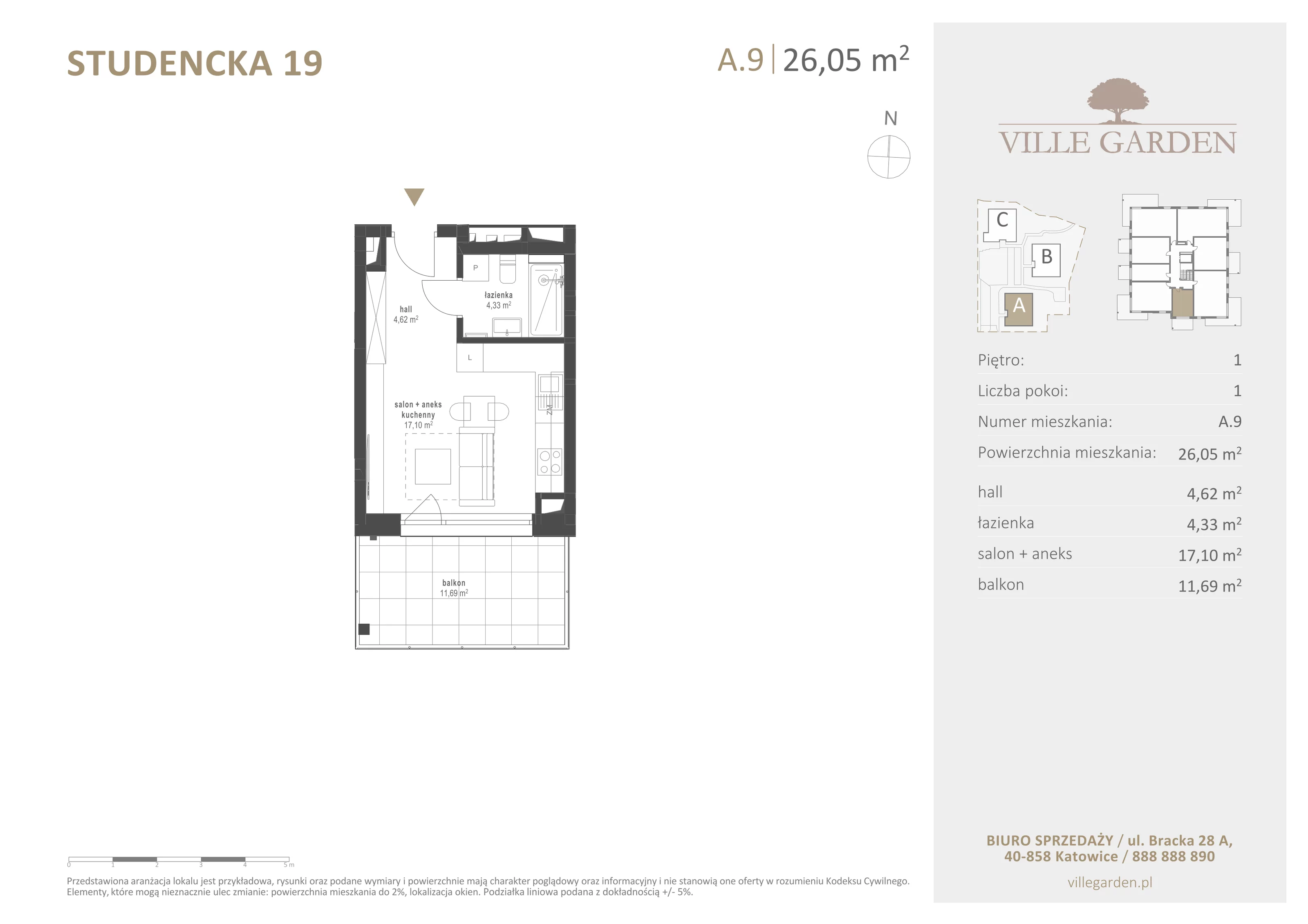 1 pokój, apartament 26,05 m², piętro 1, oferta nr A9, Ville Garden, Katowice, Ligota-Panewniki, ul. Studencka 19