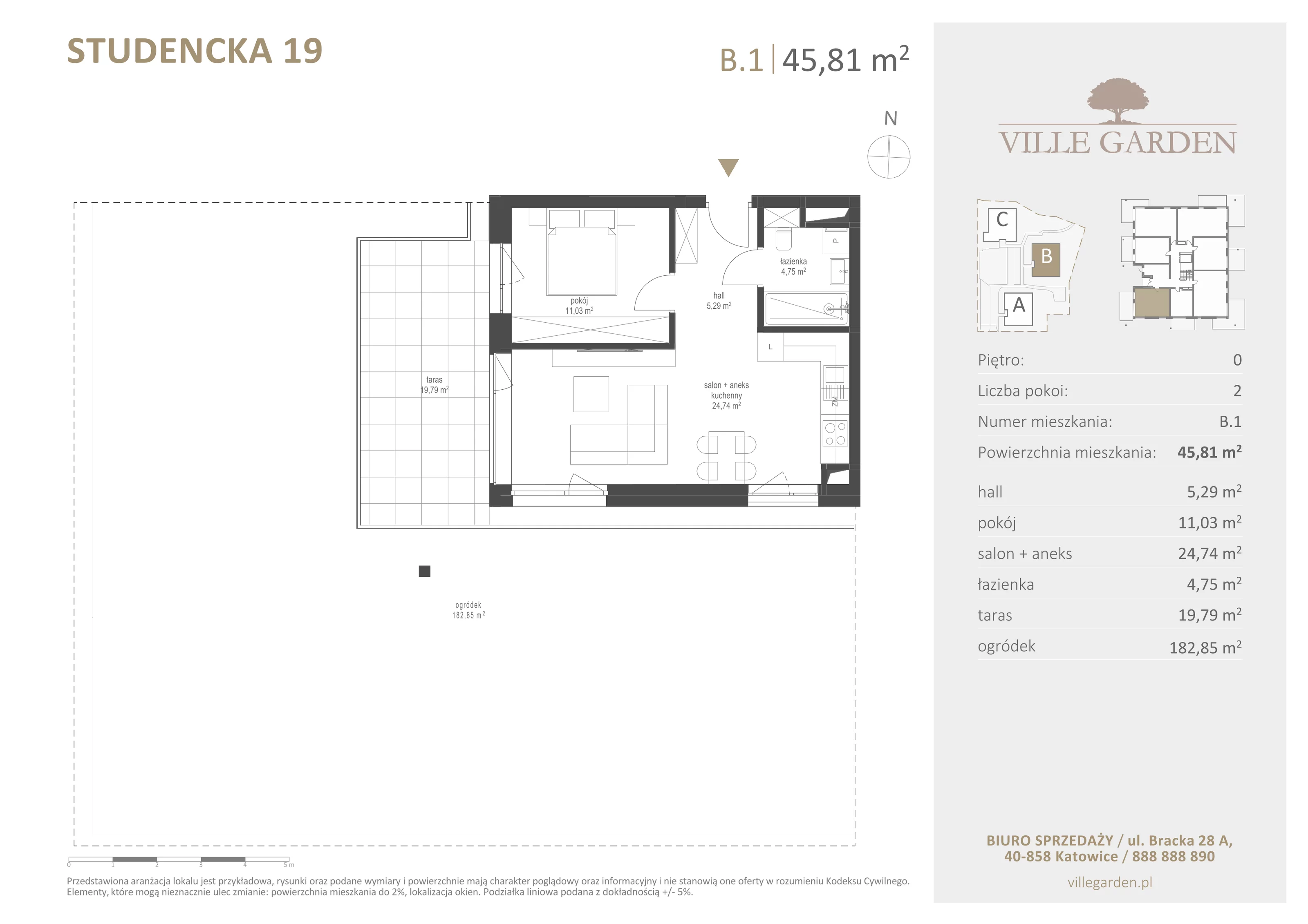 2 pokoje, apartament 45,81 m², parter, oferta nr B1, Ville Garden, Katowice, Ligota-Panewniki, ul. Studencka 19