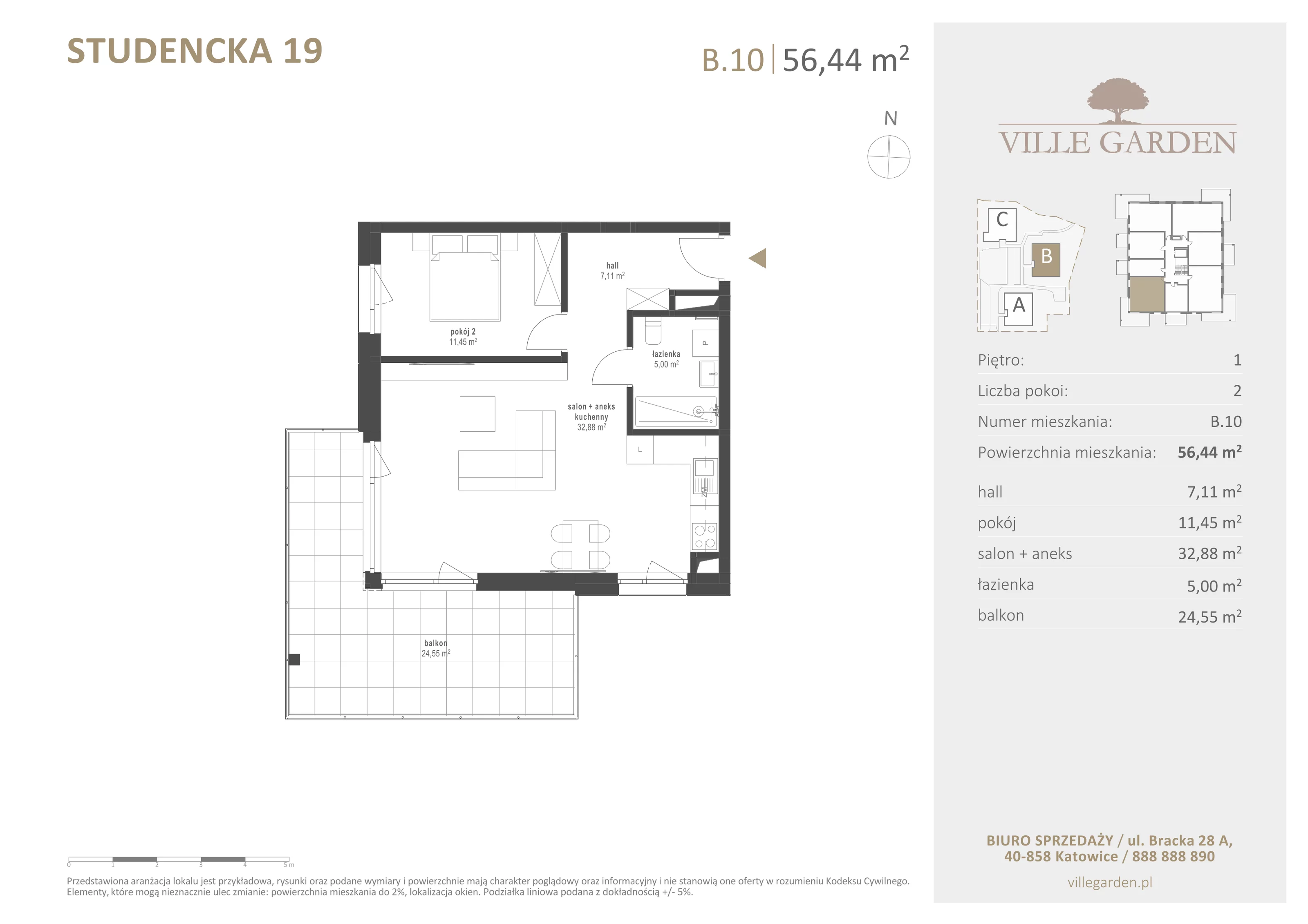 2 pokoje, apartament 56,44 m², piętro 1, oferta nr B10, Ville Garden, Katowice, Ligota-Panewniki, ul. Studencka 19