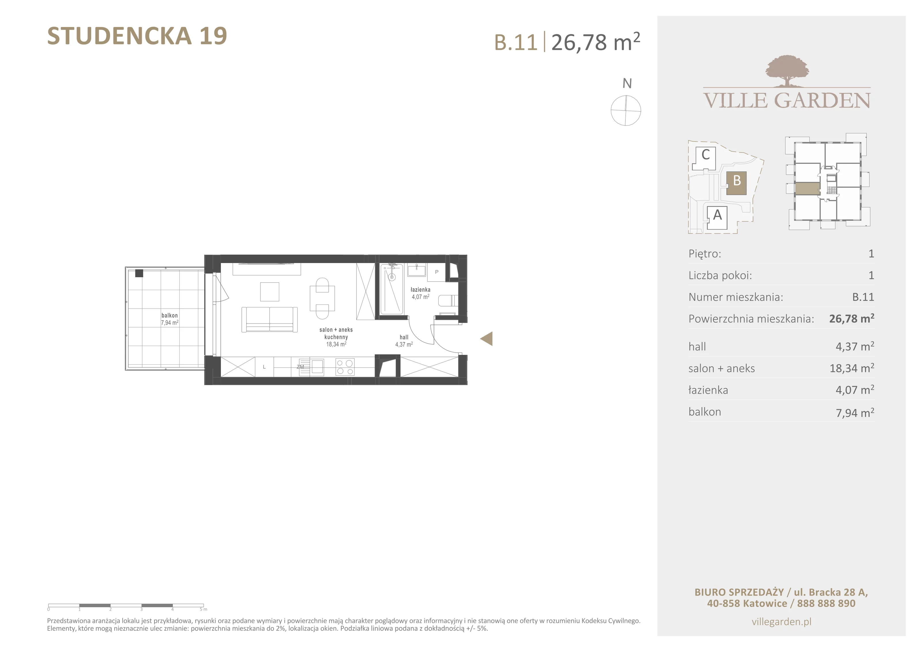 1 pokój, apartament 26,78 m², piętro 1, oferta nr B11, Ville Garden, Katowice, Ligota-Panewniki, ul. Studencka 19