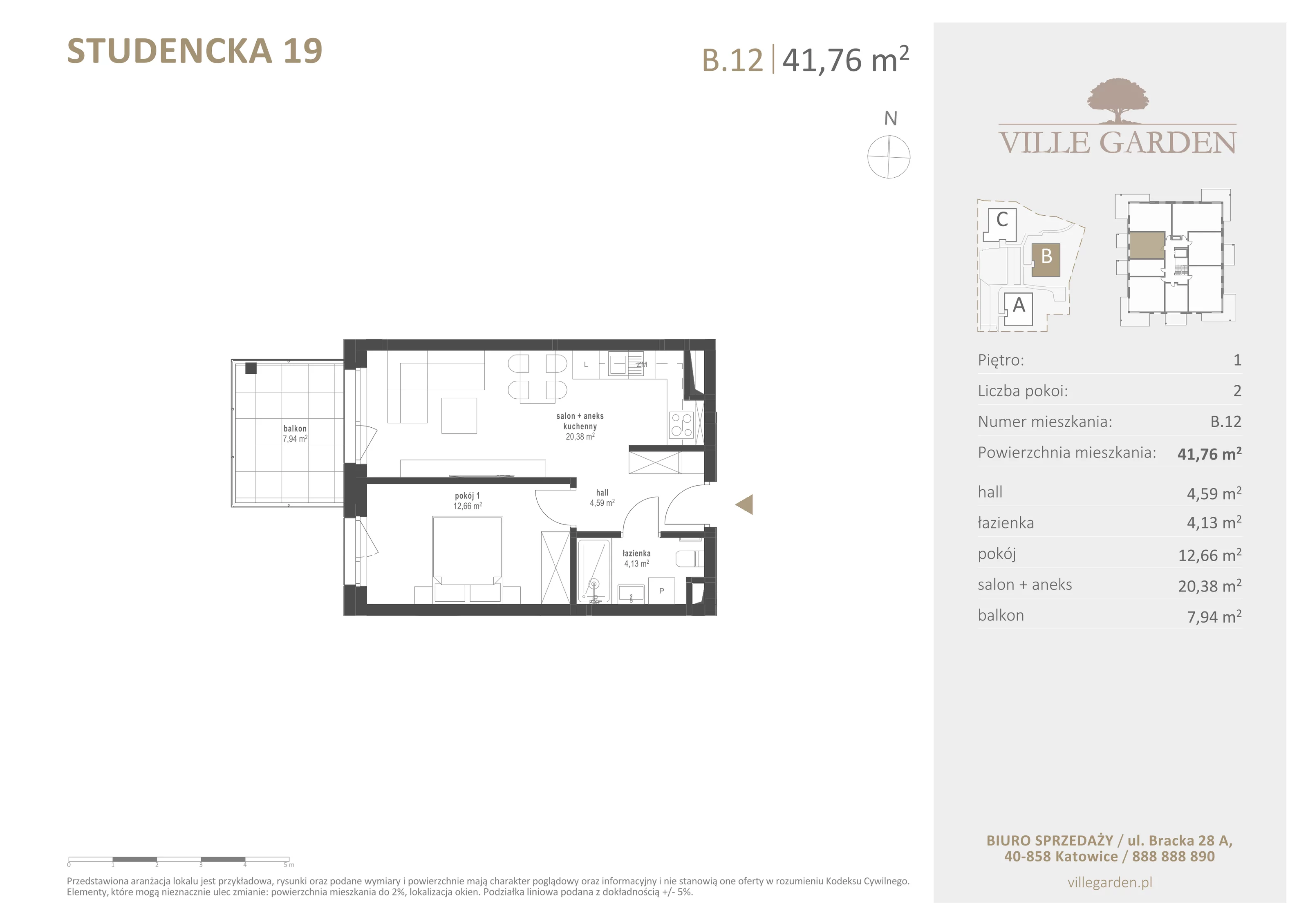 2 pokoje, apartament 41,77 m², piętro 1, oferta nr B12, Ville Garden, Katowice, Ligota-Panewniki, ul. Studencka 19