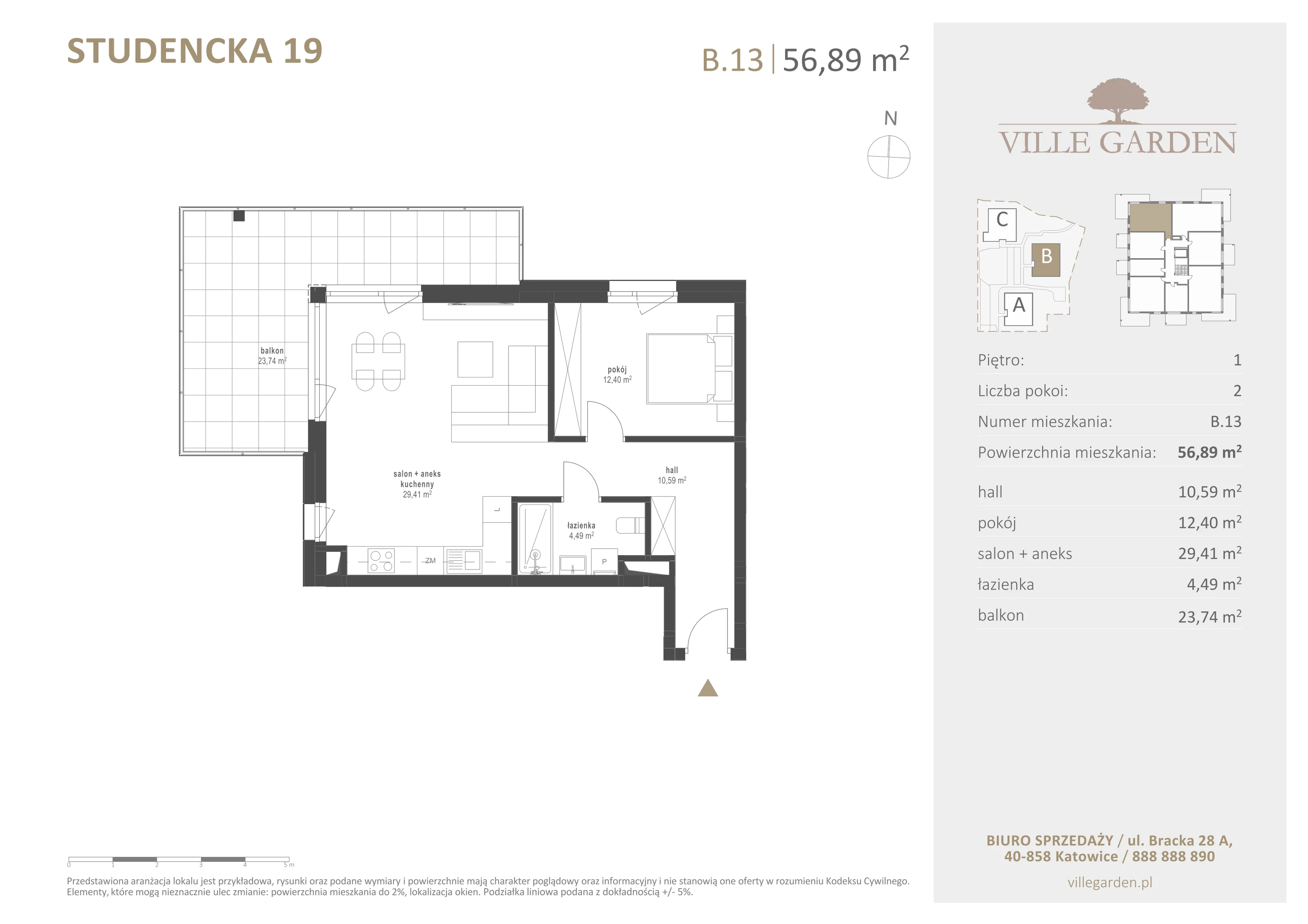 2 pokoje, apartament 56,89 m², piętro 1, oferta nr B13, Ville Garden, Katowice, Ligota-Panewniki, ul. Studencka 19
