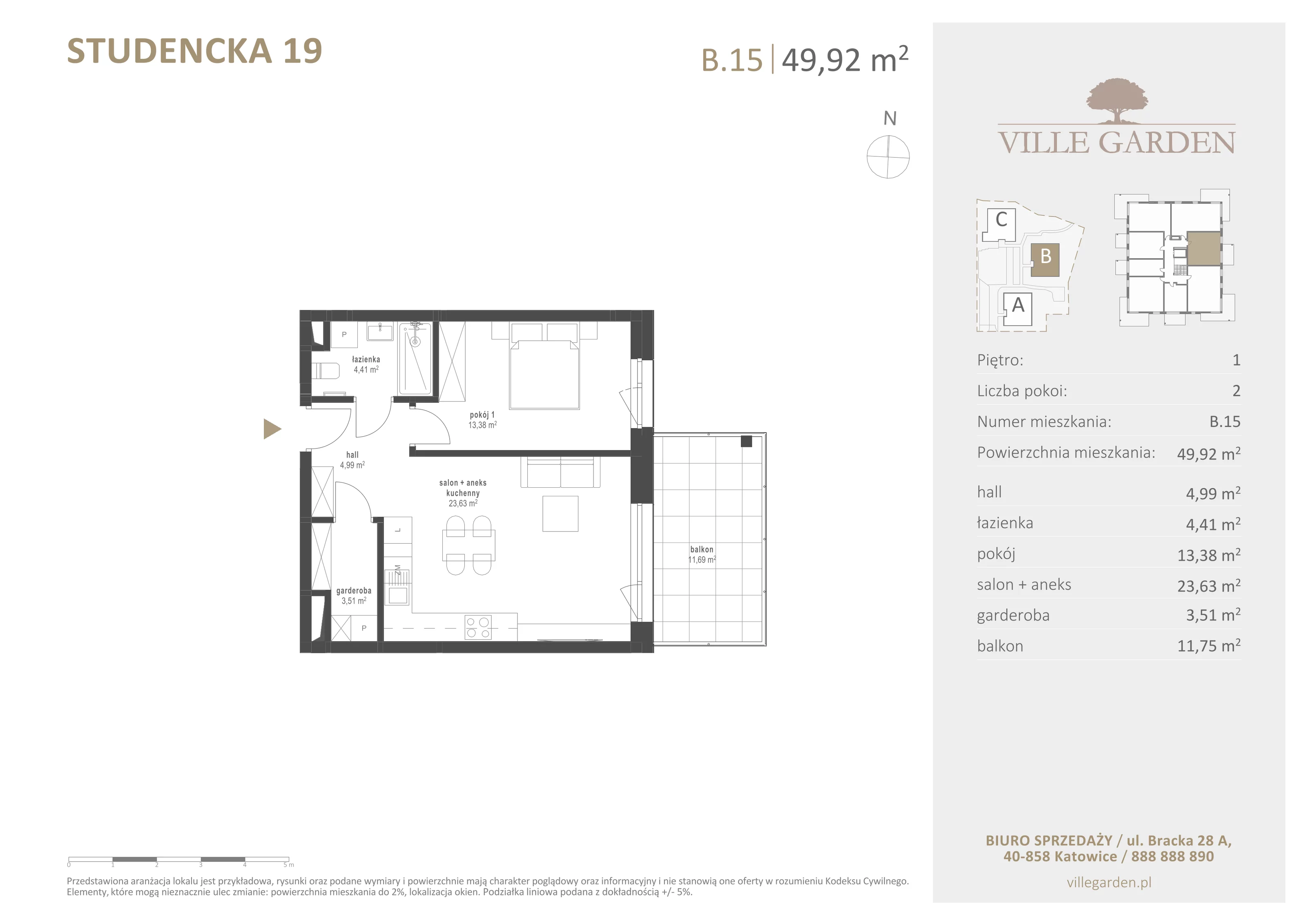 2 pokoje, apartament 49,90 m², piętro 1, oferta nr B15, Ville Garden, Katowice, Ligota-Panewniki, ul. Studencka 19