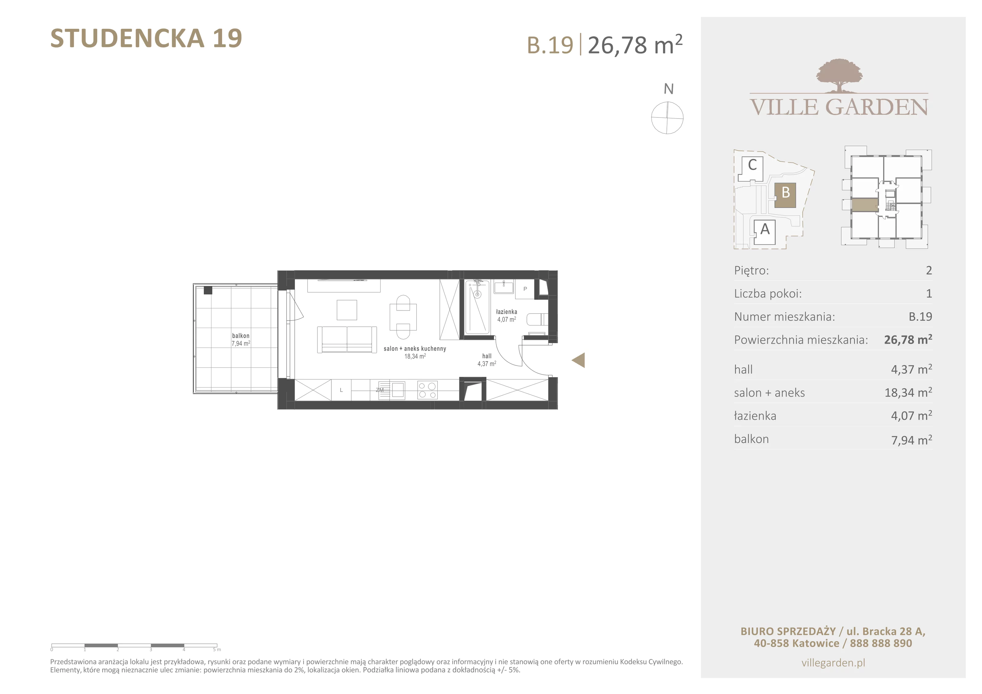 1 pokój, apartament 26,78 m², piętro 2, oferta nr B19, Ville Garden, Katowice, Ligota-Panewniki, ul. Studencka 19