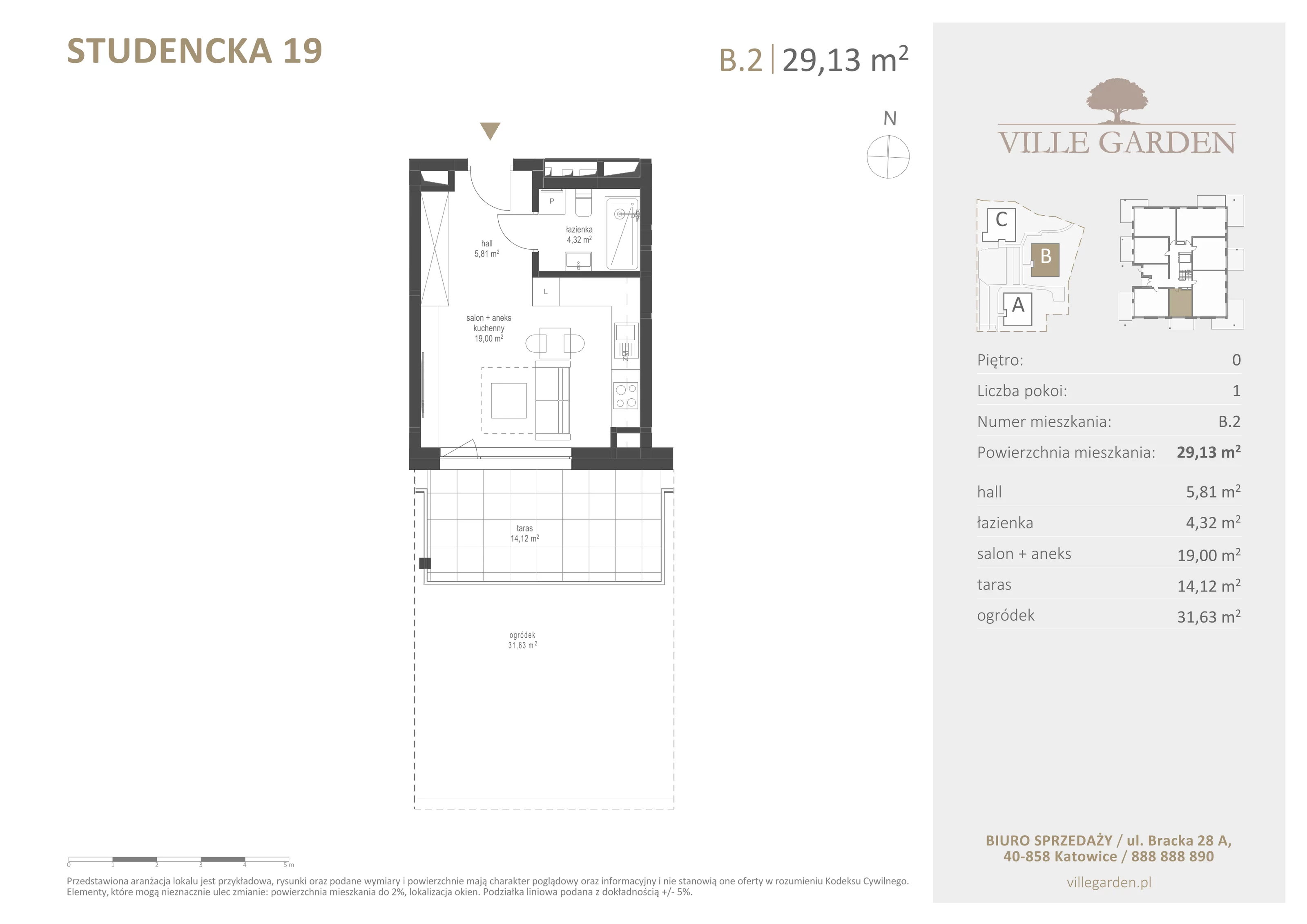 1 pokój, apartament 29,13 m², parter, oferta nr B2, Ville Garden, Katowice, Ligota-Panewniki, ul. Studencka 19