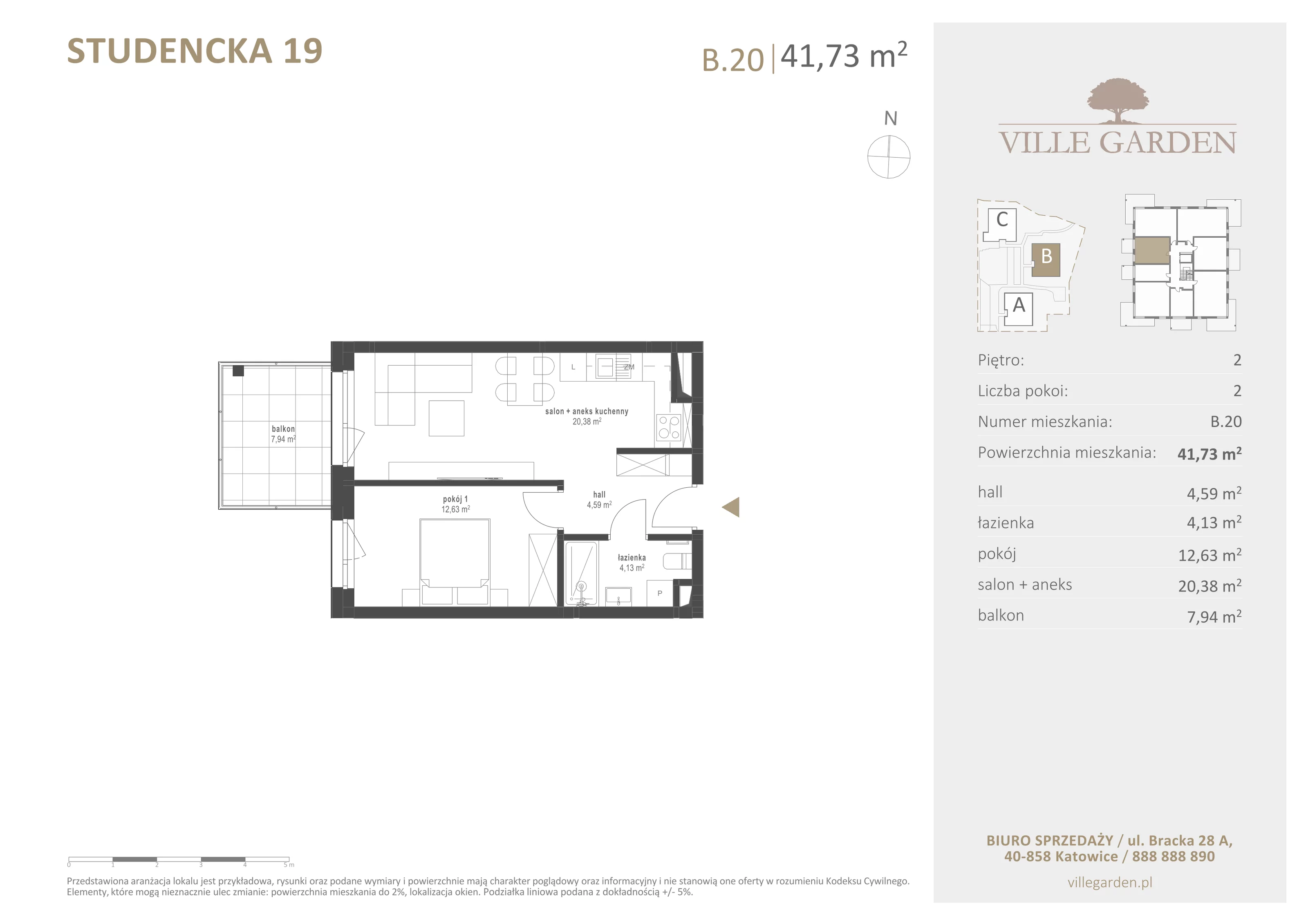 2 pokoje, apartament 41,77 m², piętro 2, oferta nr B20, Ville Garden, Katowice, Ligota-Panewniki, ul. Studencka 19