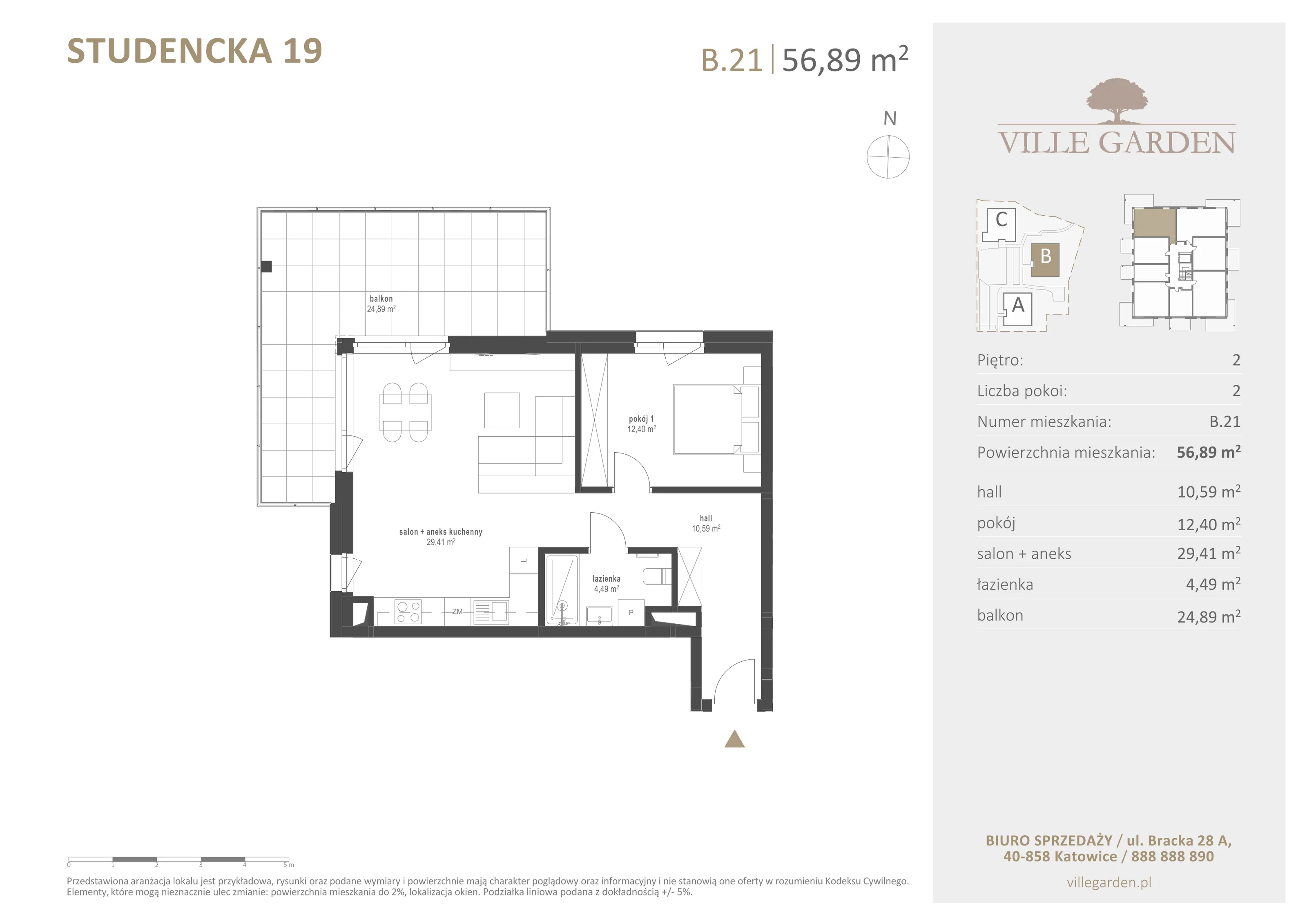 2 pokoje, apartament 56,89 m², piętro 2, oferta nr B21, Ville Garden, Katowice, Ligota-Panewniki, ul. Studencka 19