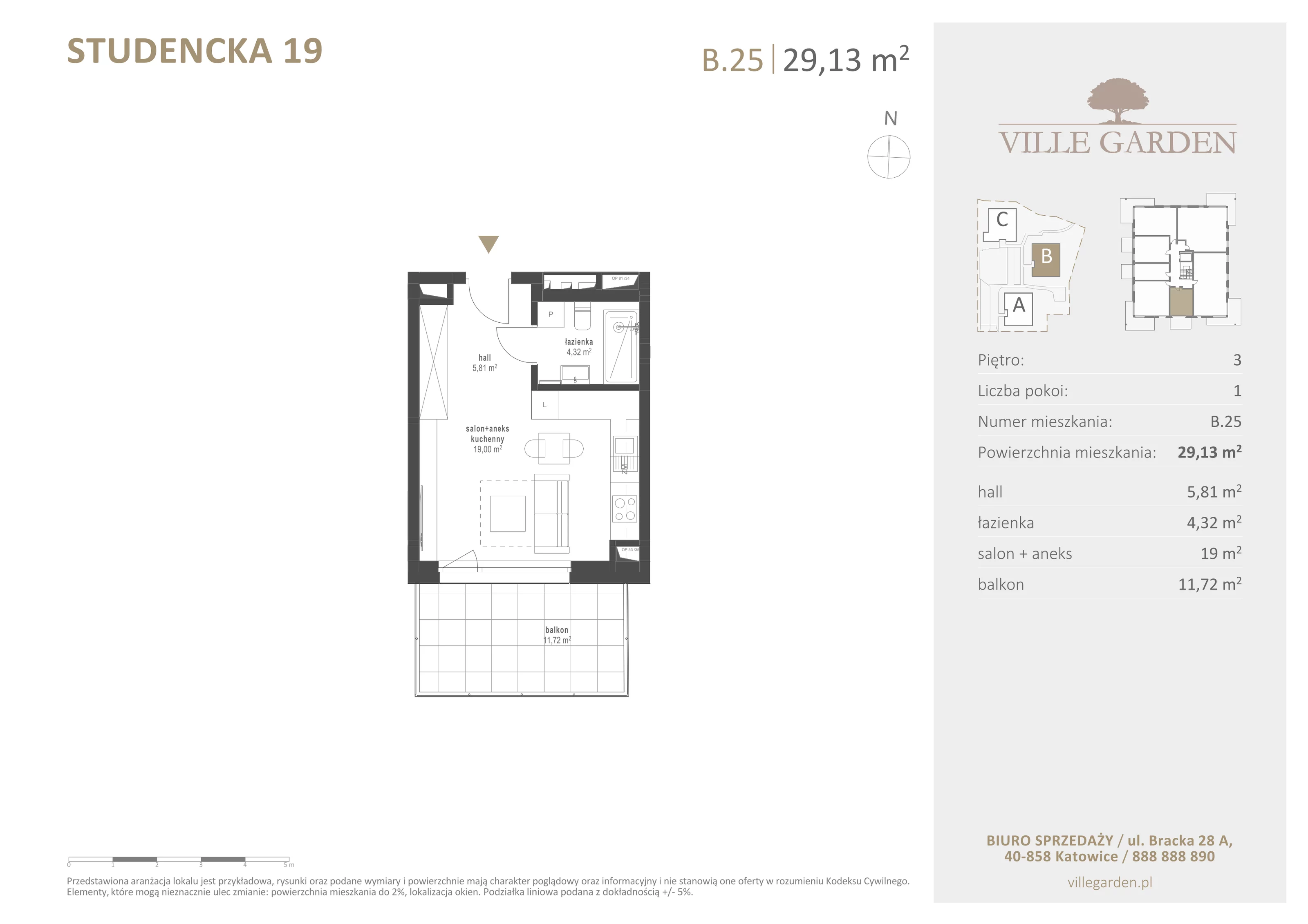 1 pokój, apartament 29,13 m², piętro 3, oferta nr B25, Ville Garden, Katowice, Ligota-Panewniki, ul. Studencka 19