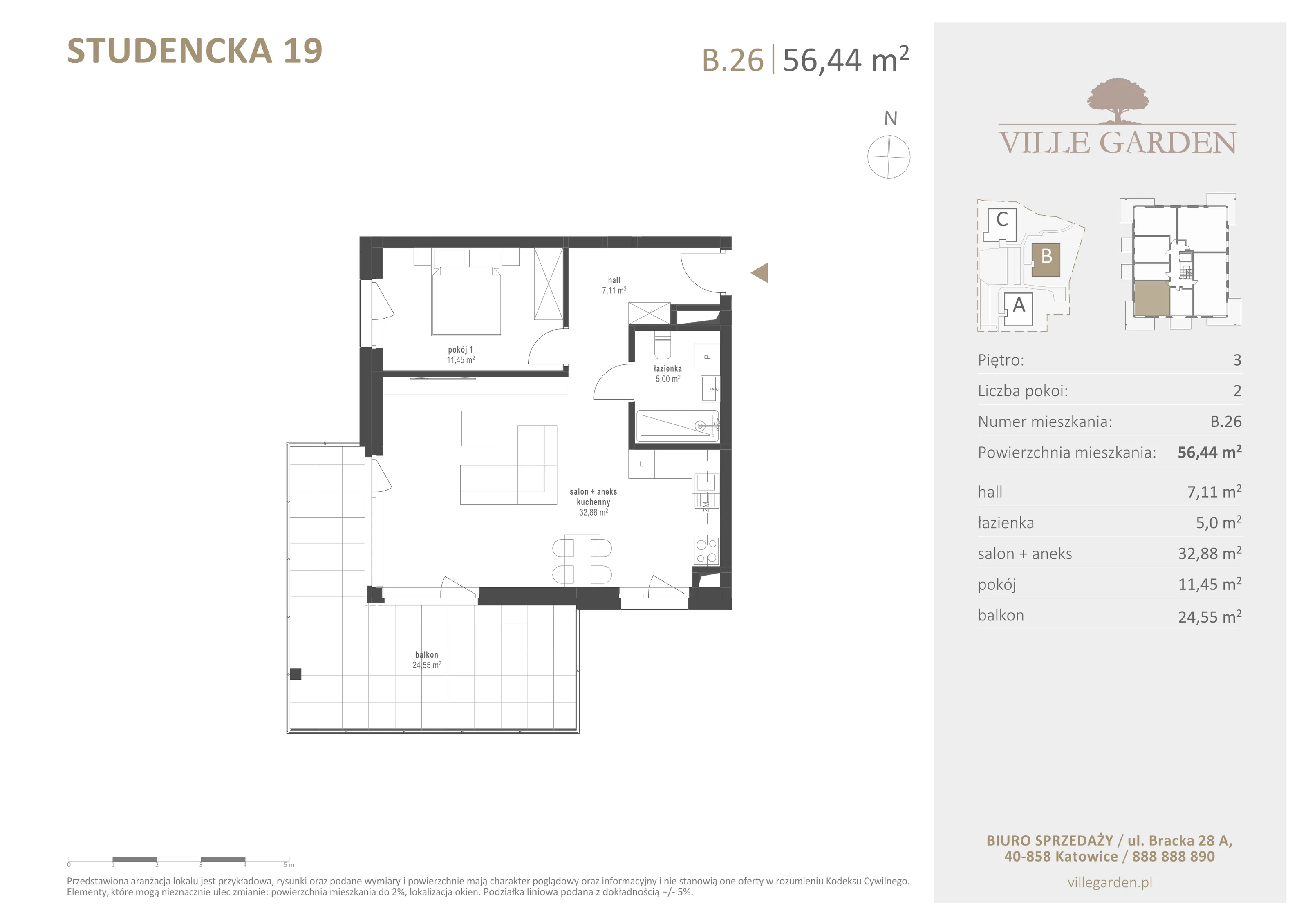 2 pokoje, apartament 56,44 m², piętro 3, oferta nr B26, Ville Garden, Katowice, Ligota-Panewniki, ul. Studencka 19