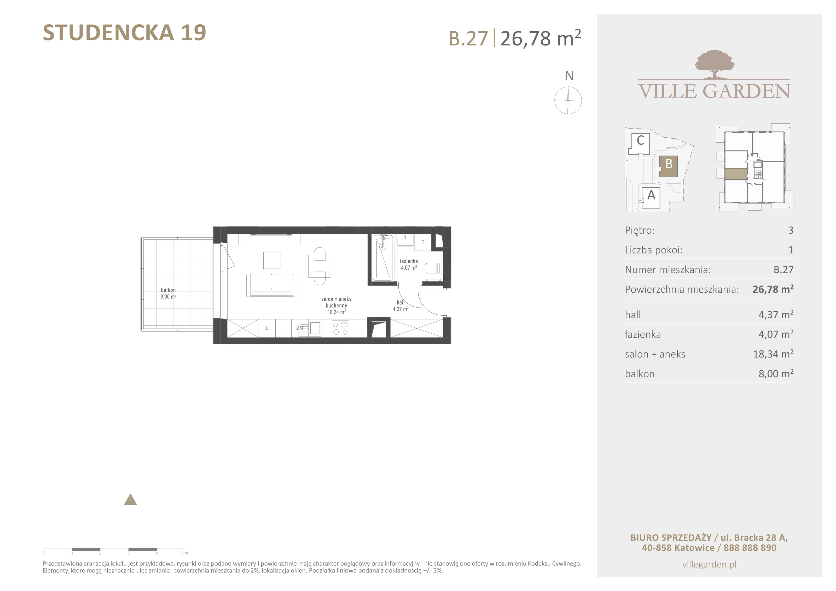 1 pokój, apartament 26,78 m², piętro 3, oferta nr B27, Ville Garden, Katowice, Ligota-Panewniki, ul. Studencka 19