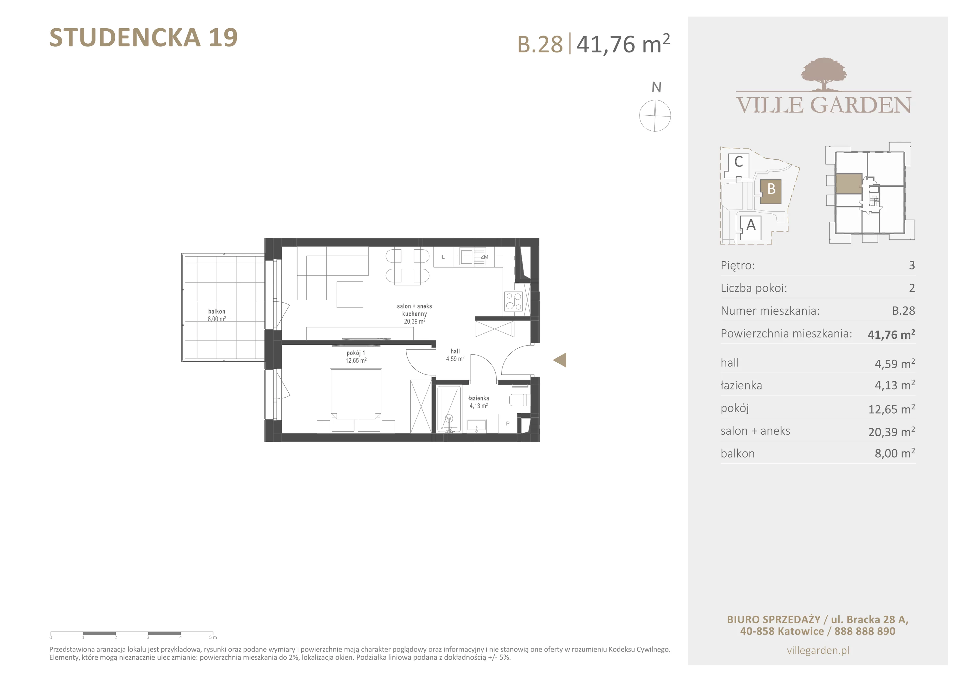 2 pokoje, apartament 41,77 m², piętro 3, oferta nr B28, Ville Garden, Katowice, Ligota-Panewniki, ul. Studencka 19