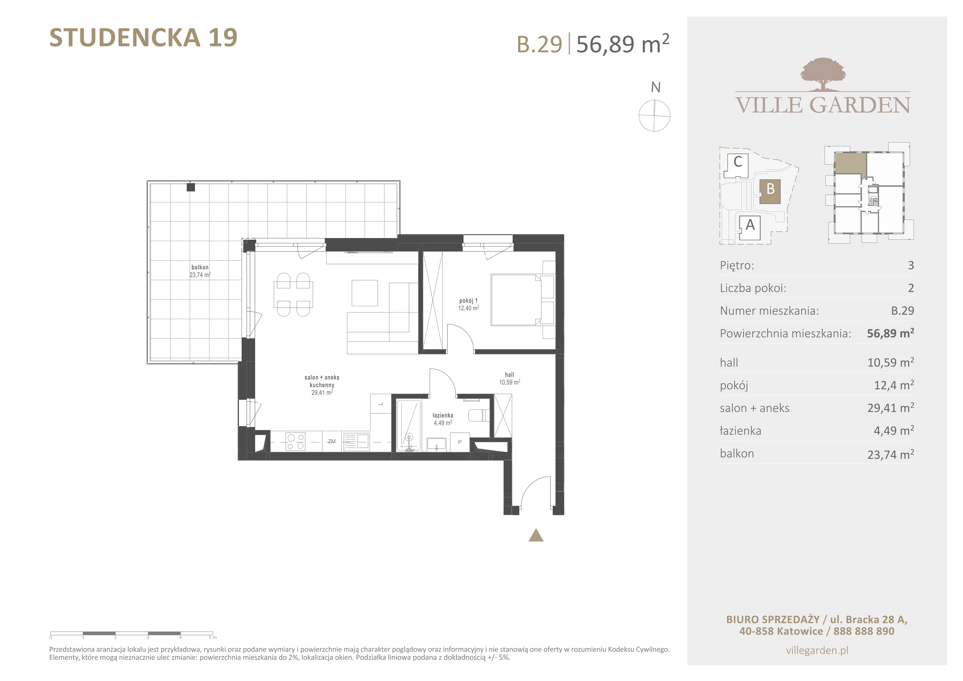 2 pokoje, apartament 56,89 m², piętro 3, oferta nr B29, Ville Garden, Katowice, Ligota-Panewniki, ul. Studencka 19