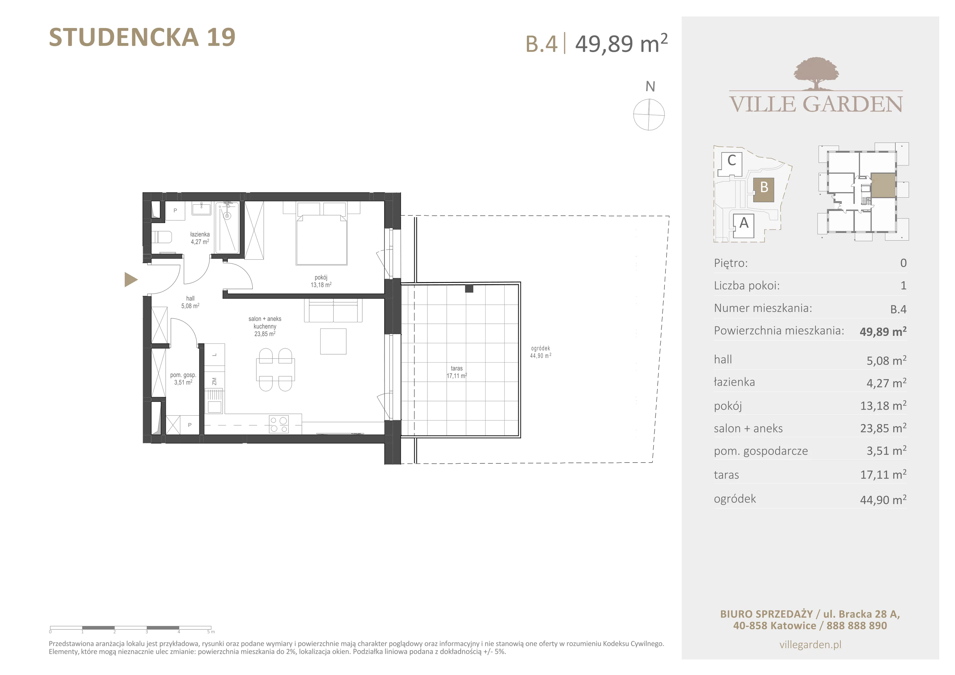 2 pokoje, apartament 49,91 m², parter, oferta nr B4, Ville Garden, Katowice, Ligota-Panewniki, ul. Studencka 19